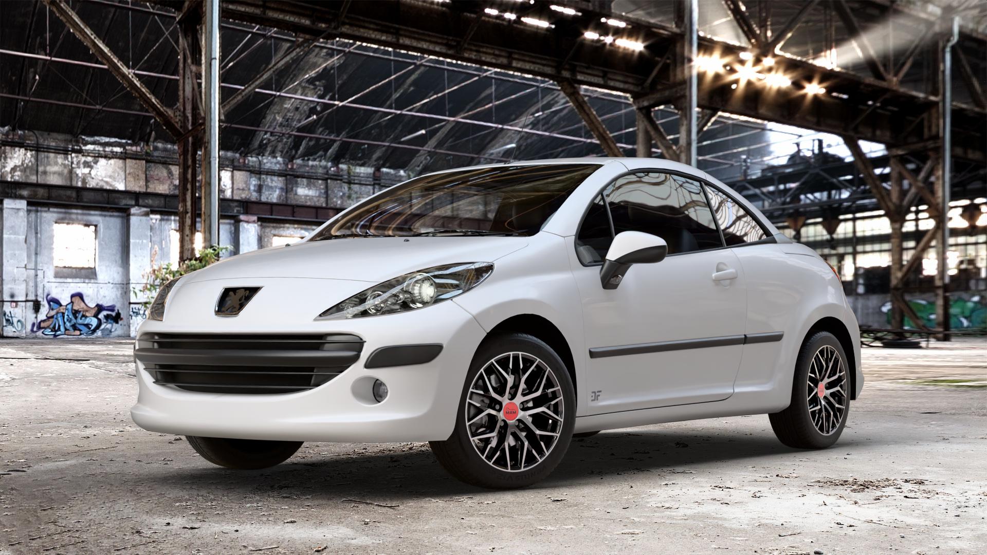 MAM RS4 BLACK FRONT POLISH Felge mit Reifen schwarz in 16Zoll Winterfelge Alufelge auf weissem Peugeot 207 CC ⬇️ mit 15mm Tieferlegung ⬇️ Old Industrial Hall_max_4400mm_2024 Frontansicht_1