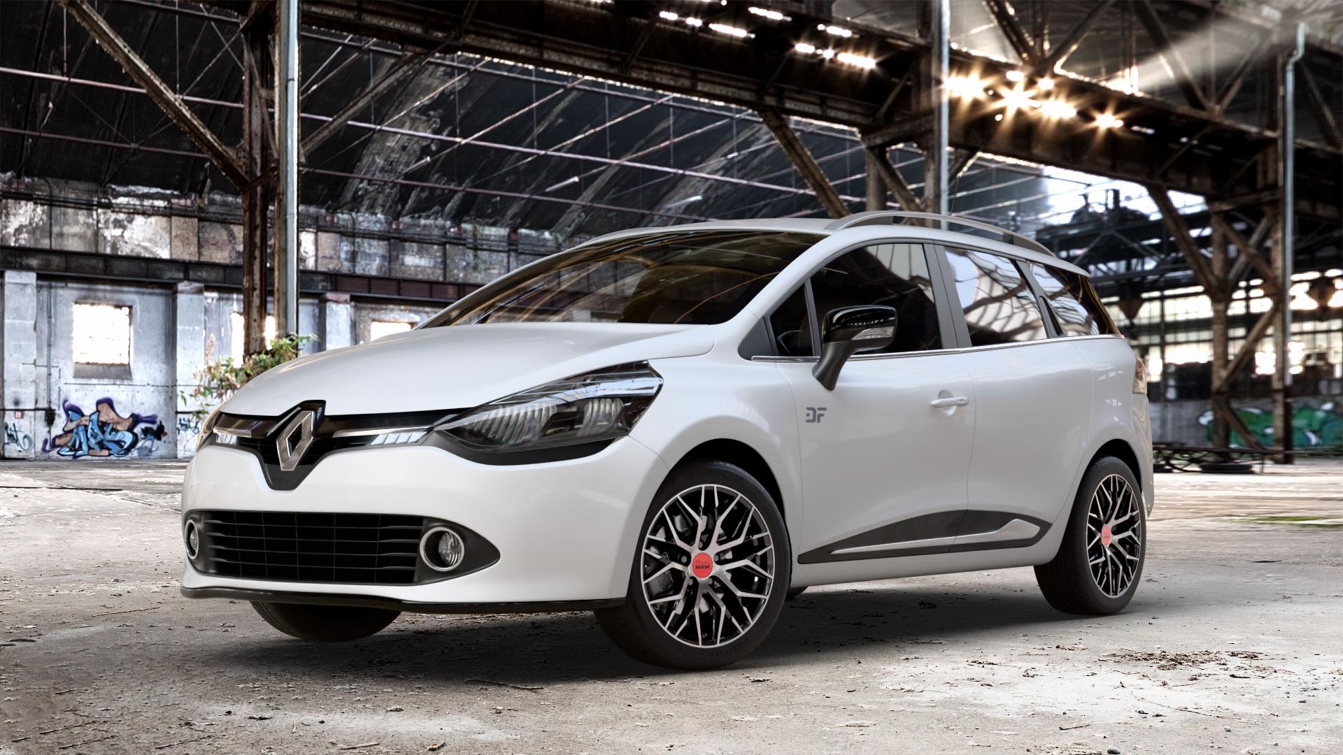 MAM RS4 BLACK FRONT POLISH Felge mit Reifen schwarz in 16Zoll Winterfelge Alufelge auf weissem Renault Clio IV Grandtour Typ R ⬇️ mit 15mm Tieferlegung ⬇️ Old Industrial Hall_max_4400mm_2024 Frontansicht_1