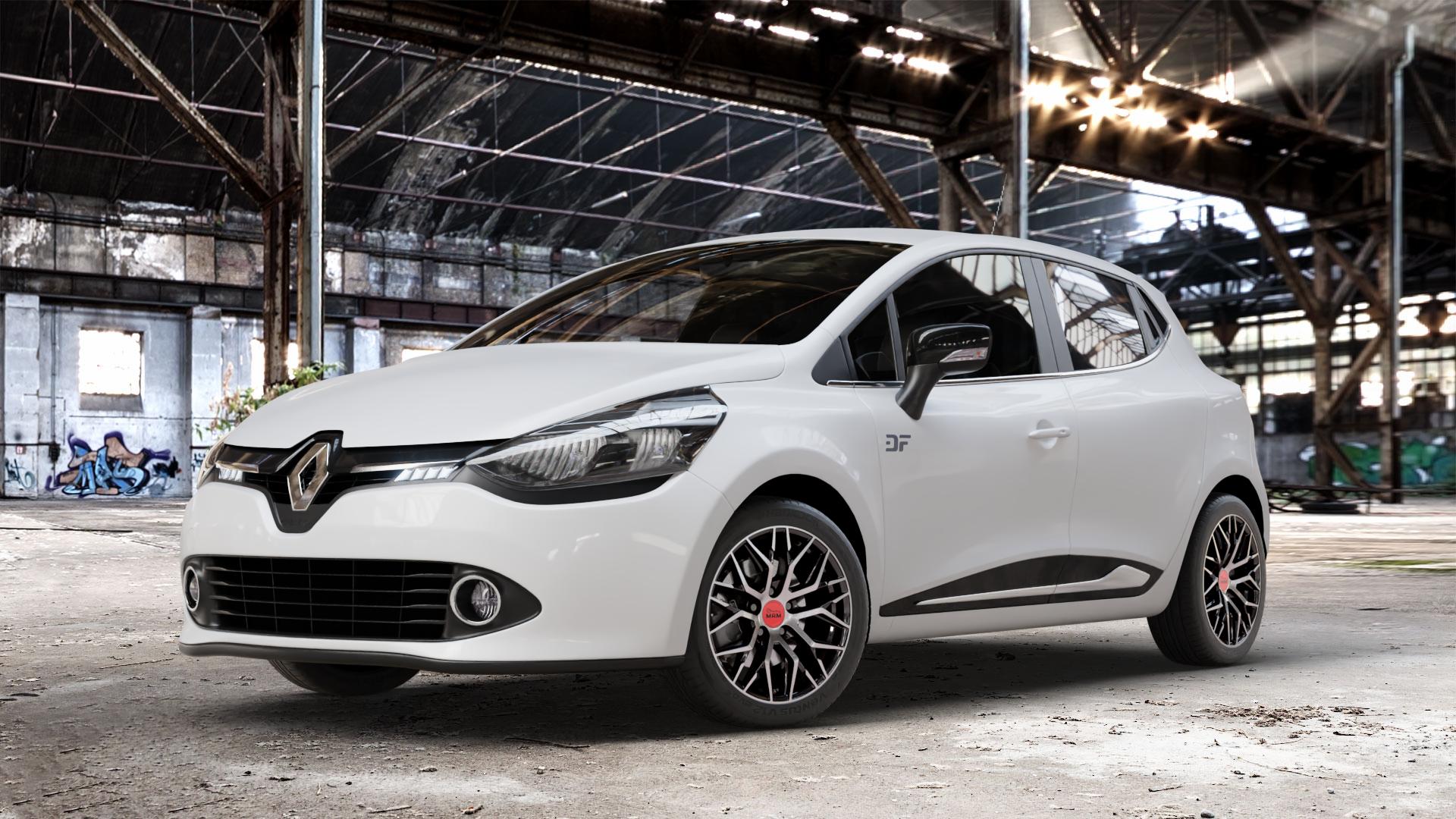 MAM RS4 BLACK FRONT POLISH Felge mit Reifen schwarz in 16Zoll Winterfelge Alufelge auf weissem Renault Clio IV Typ R ⬇️ mit 15mm Tieferlegung ⬇️ Old Industrial Hall_max_4400mm_2024 Frontansicht_1
