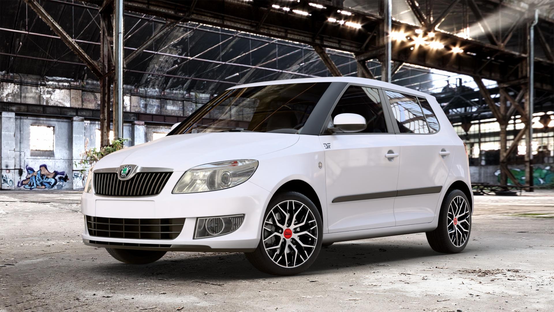 MAM RS4 BLACK FRONT POLISH Felge mit Reifen schwarz in 16Zoll Winterfelge Alufelge auf weissem Skoda Fabia II Typ 5J Facelift ⬇️ mit 15mm Tieferlegung ⬇️ Old Industrial Hall_max_4400mm_2024 Frontansicht_1