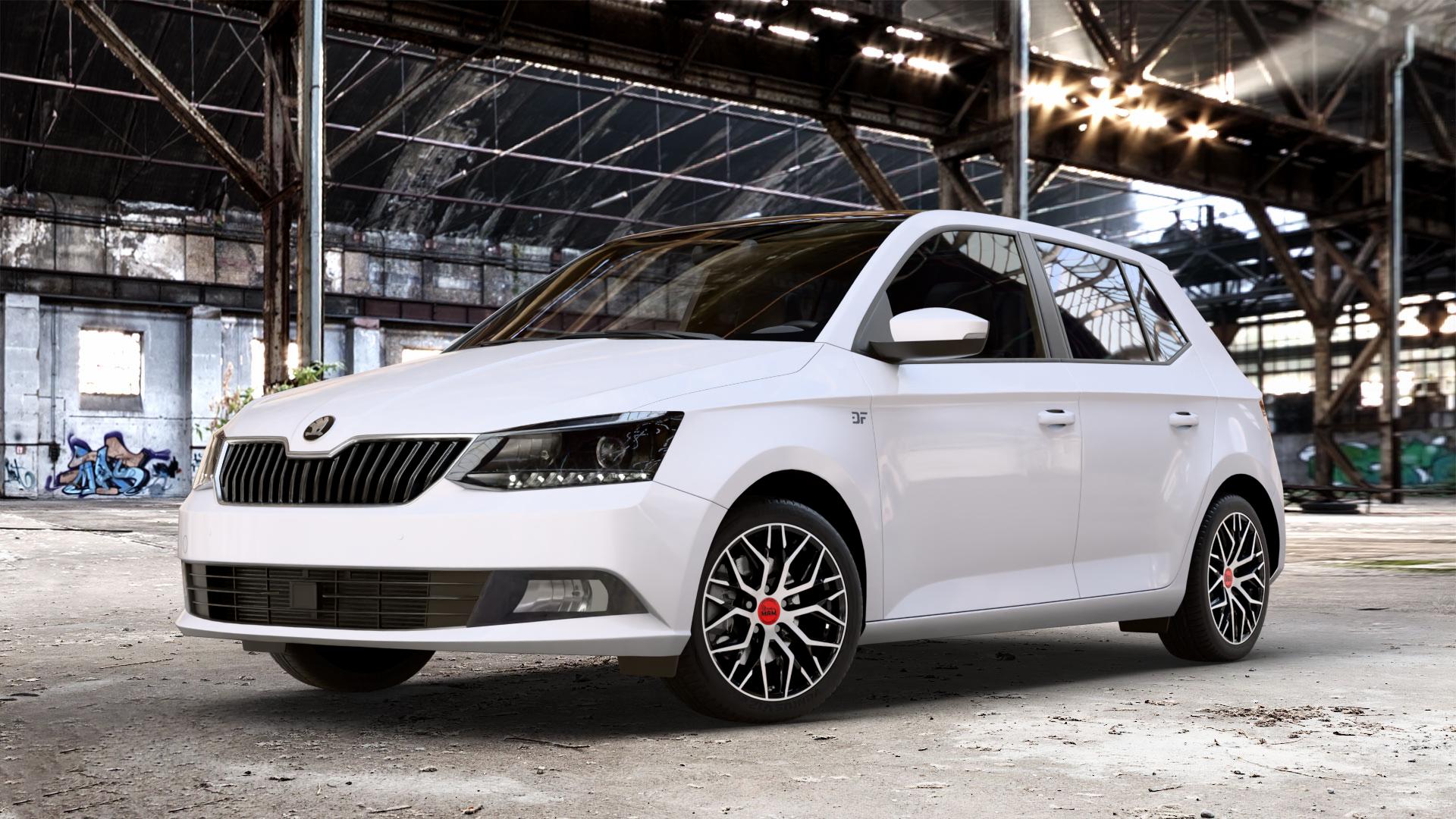 MAM RS4 BLACK FRONT POLISH Felge mit Reifen schwarz in 16Zoll Winterfelge Alufelge auf weissem Skoda Fabia III Typ 5J ⬇️ mit 15mm Tieferlegung ⬇️ Old Industrial Hall_max_4400mm_2024 Frontansicht_1
