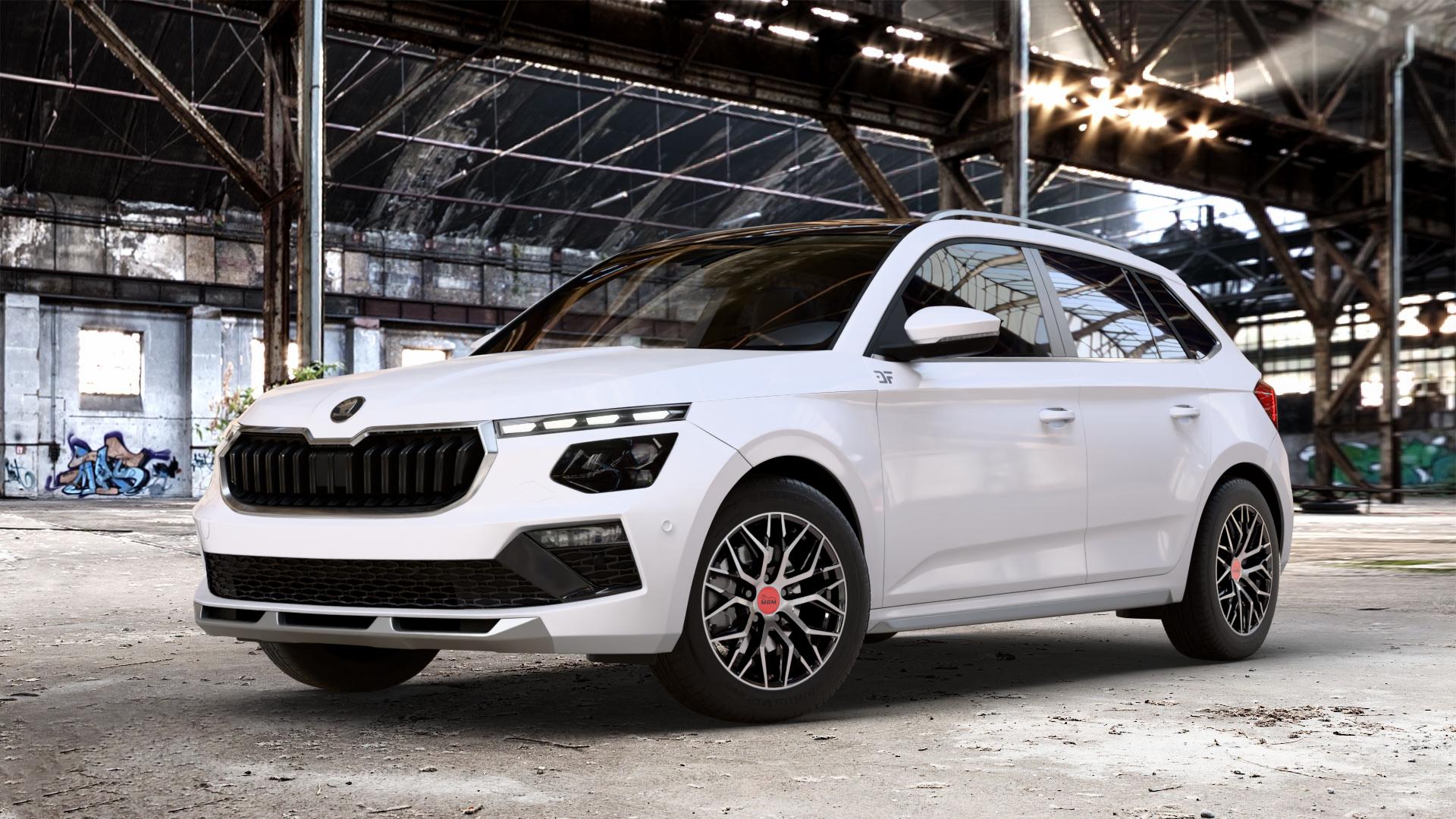 MAM RS4 BLACK FRONT POLISH Felge mit Reifen schwarz in 16Zoll Winterfelge Alufelge auf weissem Skoda Kamiq Typ NW Facelift 1,0l TSI 70kW (95 PS) 85kW (116 1,5l 110kW (150 ⬇️ mit 15mm Tieferlegung ⬇️ Old Industrial Hall_max_4400mm_2024 Frontansicht_1