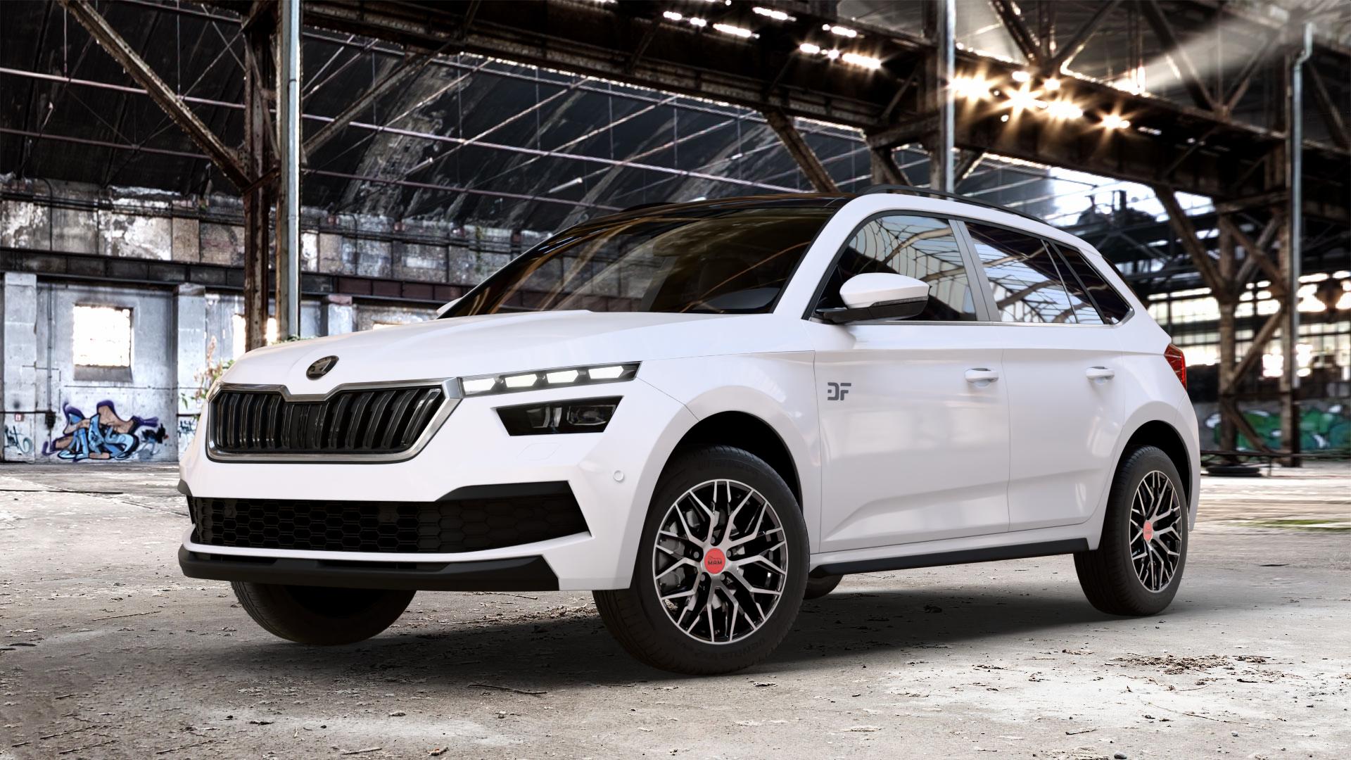 MAM RS4 BLACK FRONT POLISH Felge mit Reifen schwarz in 16Zoll Winterfelge Alufelge auf weissem Skoda Kamiq Typ NW ⬇️ mit 15mm Tieferlegung ⬇️ Old Industrial Hall_max_4400mm_2024 Frontansicht_1