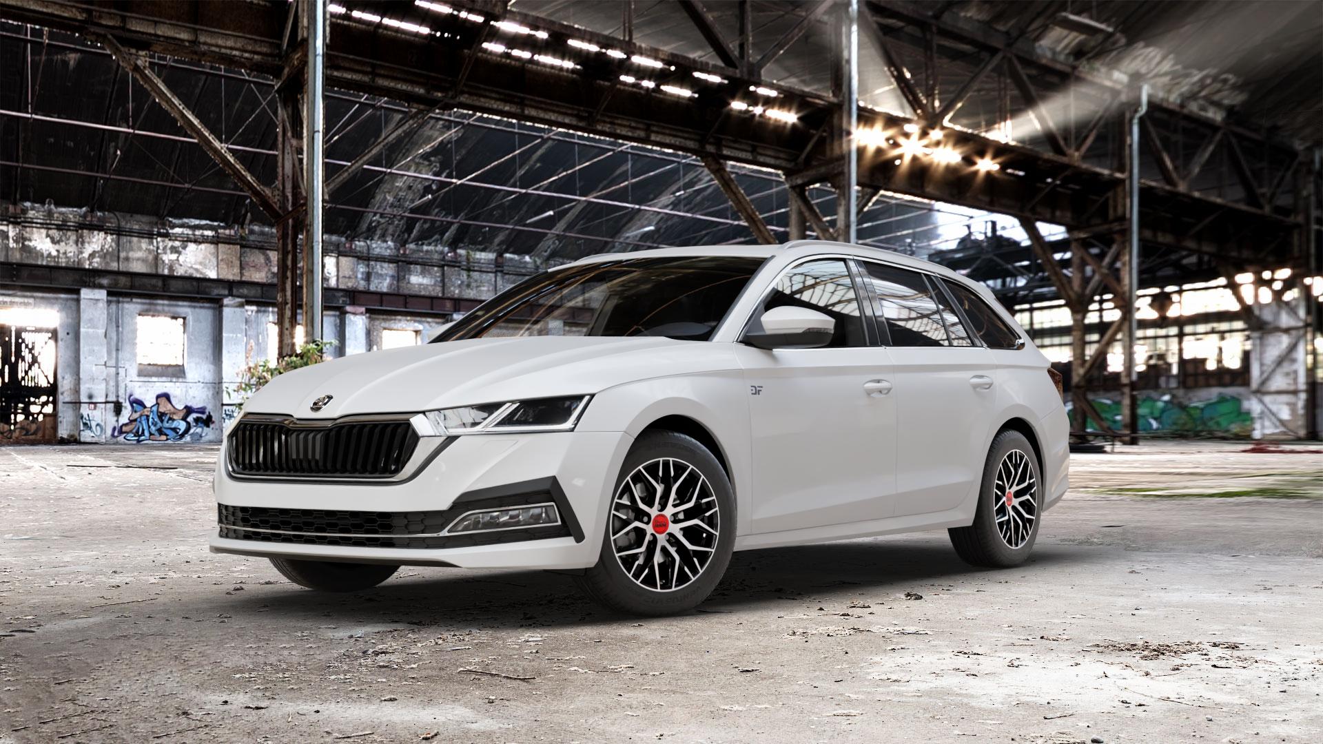 MAM RS4 BLACK FRONT POLISH Felge mit Reifen schwarz in 16Zoll Winterfelge Alufelge auf weissem Skoda Octavia IV Kombi Typ NX ⬇️ mit 15mm Tieferlegung ⬇️ Old Industrial Hall_max_5300mm_2024 Frontansicht_1