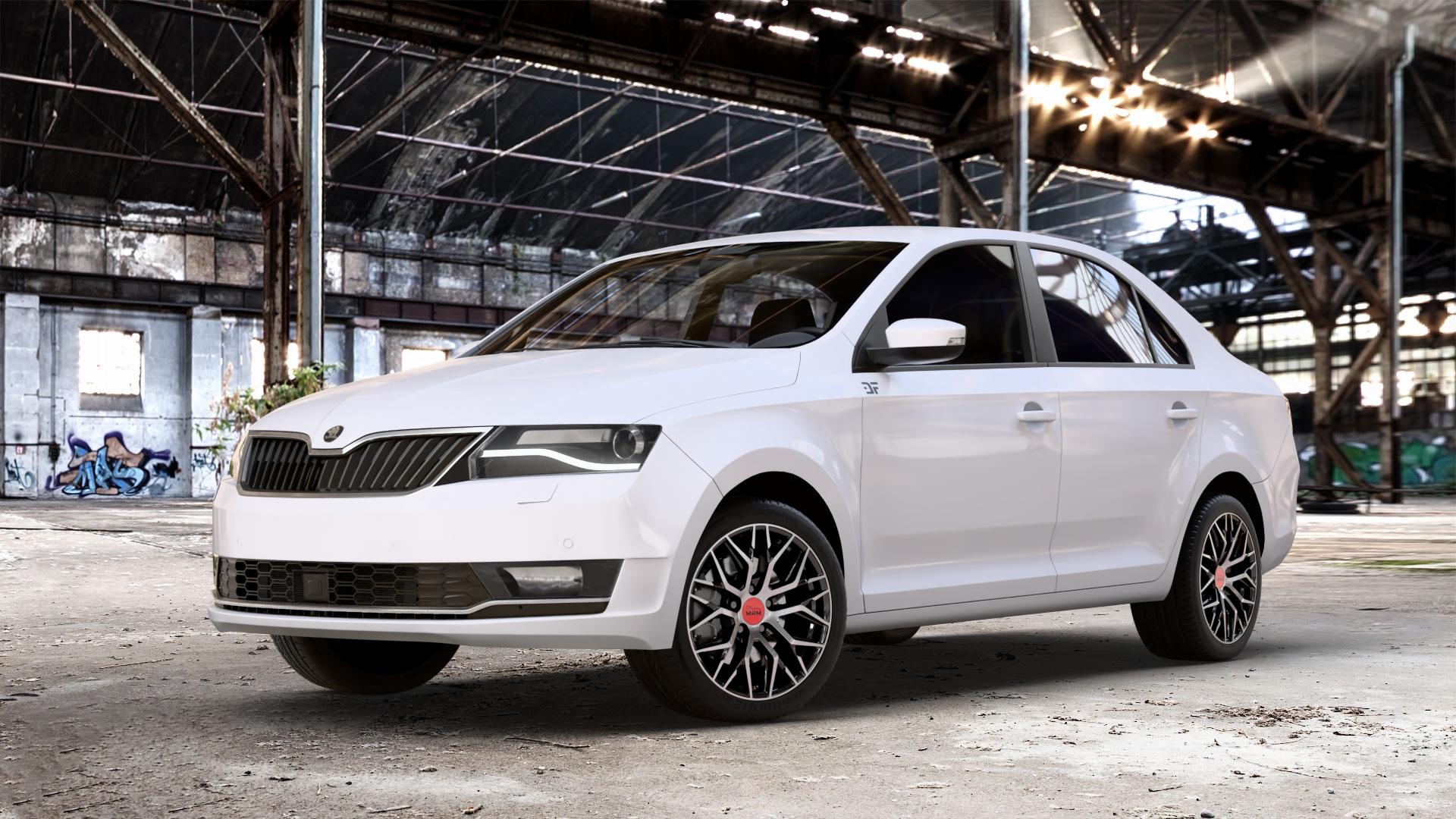 MAM RS4 BLACK FRONT POLISH Felge mit Reifen schwarz in 16Zoll Winterfelge Alufelge auf weissem Skoda Rapid Typ NH Facelift ⬇️ mit 15mm Tieferlegung ⬇️ Old Industrial Hall_max_4400mm_2024 Frontansicht_1