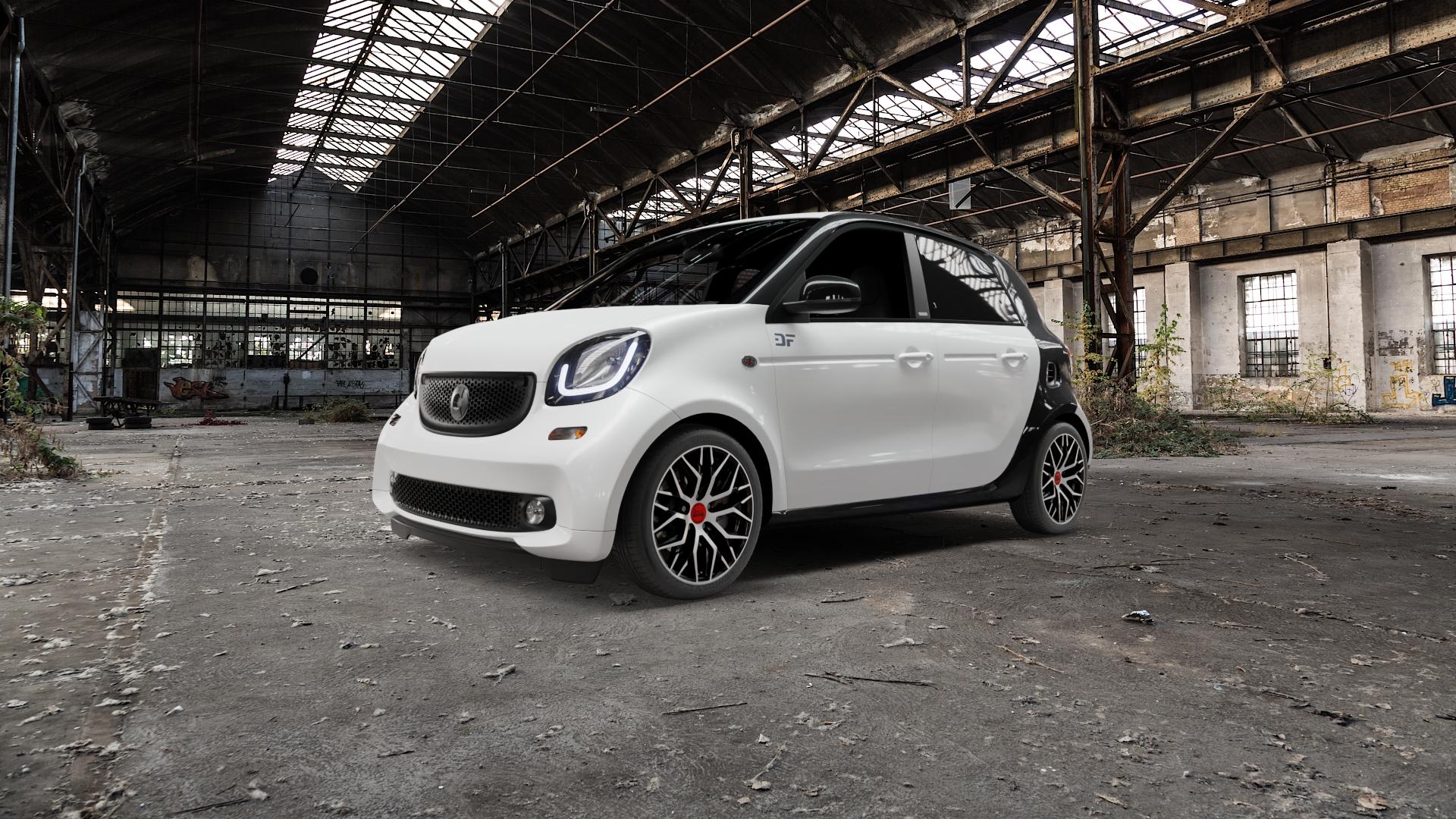 MAM RS4 BLACK FRONT POLISH Felge mit Reifen schwarz in 16Zoll Winterfelge Alufelge auf weissem Smart Forfour II (453) ⬇️ mit 15mm Tieferlegung ⬇️ Old Industrial Hall_max5000mm_2022 Frontansicht_1