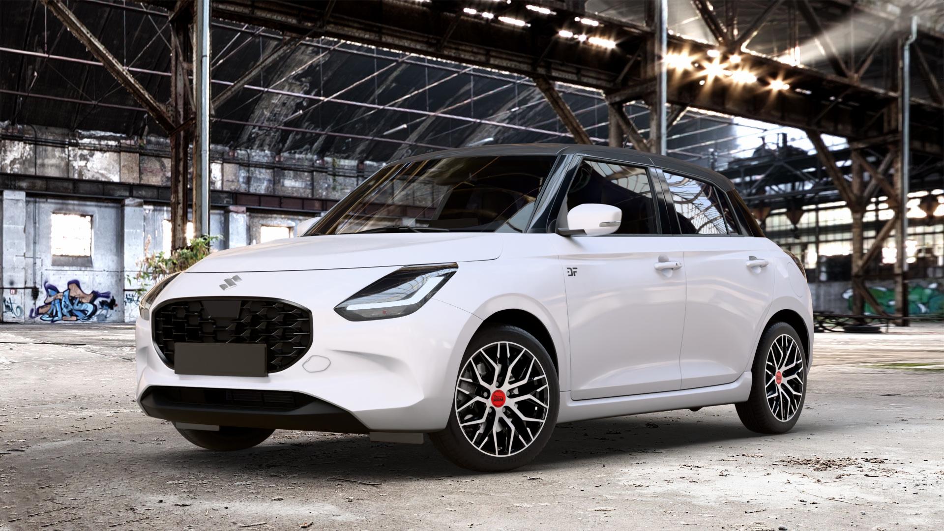 MAM RS4 BLACK FRONT POLISH Felge mit Reifen schwarz in 16Zoll Winterfelge Alufelge auf weissem Suzuki Swift VII Typ UZ 1,2l 61kW Mild-Hybrid (83 PS) AWD ⬇️ mit 15mm Tieferlegung ⬇️ Old Industrial Hall_max_4400mm_2024 Frontansicht_1