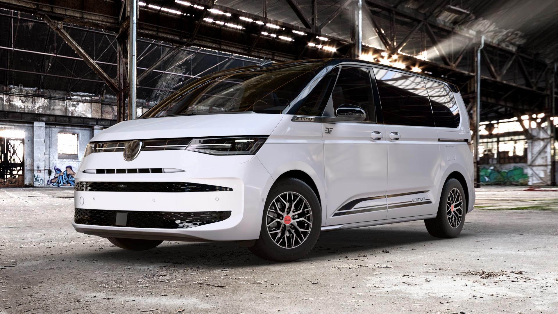 MAM RS4 BLACK FRONT POLISH Felge mit Reifen schwarz in 16Zoll Winterfelge Alufelge auf weissem und schwarzem Volkswagen (VW) T7 Multivan Bus ⬇️ mit 15mm Tieferlegung ⬇️ Old Industrial Hall_max_5300mm_2024 Frontansicht_1