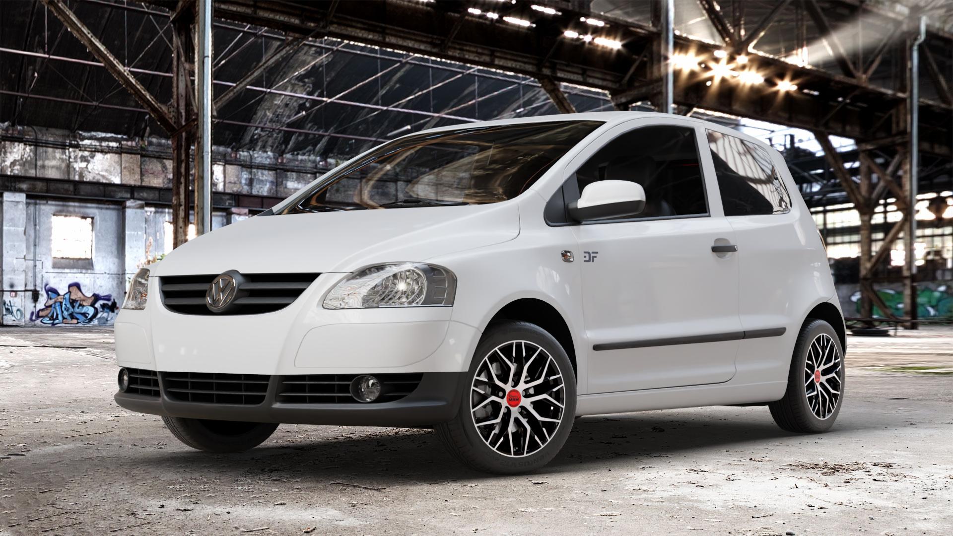 MAM RS4 BLACK FRONT POLISH Felge mit Reifen schwarz in 16Zoll Winterfelge Alufelge auf weissem Volkswagen (VW) Fox ⬇️ mit 15mm Tieferlegung ⬇️ Old Industrial Hall_max_4400mm_2024 Frontansicht_1