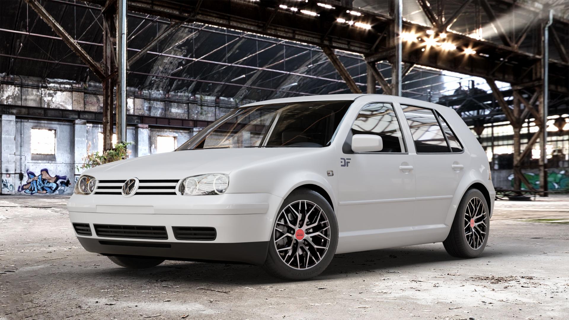 MAM RS4 BLACK FRONT POLISH Felge mit Reifen schwarz in 16Zoll Winterfelge Alufelge auf weissem Volkswagen (VW) Golf 4 Cabrio Variant ⬇️ mit 15mm Tieferlegung ⬇️ Old Industrial Hall_max_4400mm_2024 Frontansicht_1