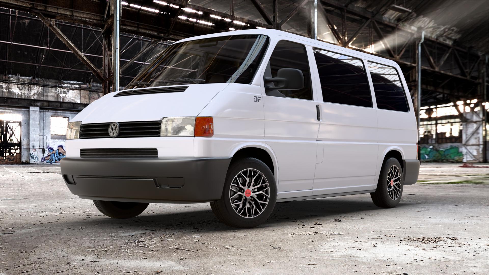 MAM RS4 BLACK FRONT POLISH Felge mit Reifen schwarz in 16Zoll Winterfelge Alufelge auf weissem Volkswagen (VW) T4 California Caravelle Kleinbus Multivan Krankenwagen ⬇️ mit 15mm Tieferlegung ⬇️ Old Industrial Hall_max_5300mm_2024 Frontansicht_1