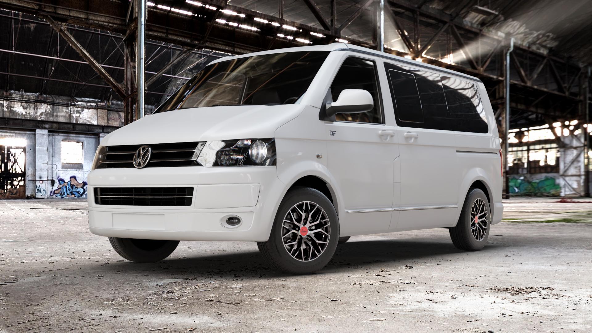 MAM RS4 BLACK FRONT POLISH Felge mit Reifen schwarz in 16Zoll Winterfelge Alufelge auf weissem Volkswagen (VW) T5 California ⬇️ mit 15mm Tieferlegung ⬇️ Old Industrial Hall_max_5300mm_2024 Frontansicht_1