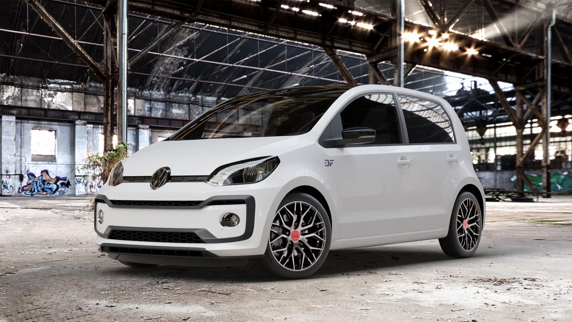 MAM RS4 BLACK FRONT POLISH Felge mit Reifen schwarz in 16Zoll Winterfelge Alufelge auf weissem Volkswagen (VW) UP Facelift ⬇️ mit 15mm Tieferlegung ⬇️ Old Industrial Hall_max_4400mm_2024 Frontansicht_1