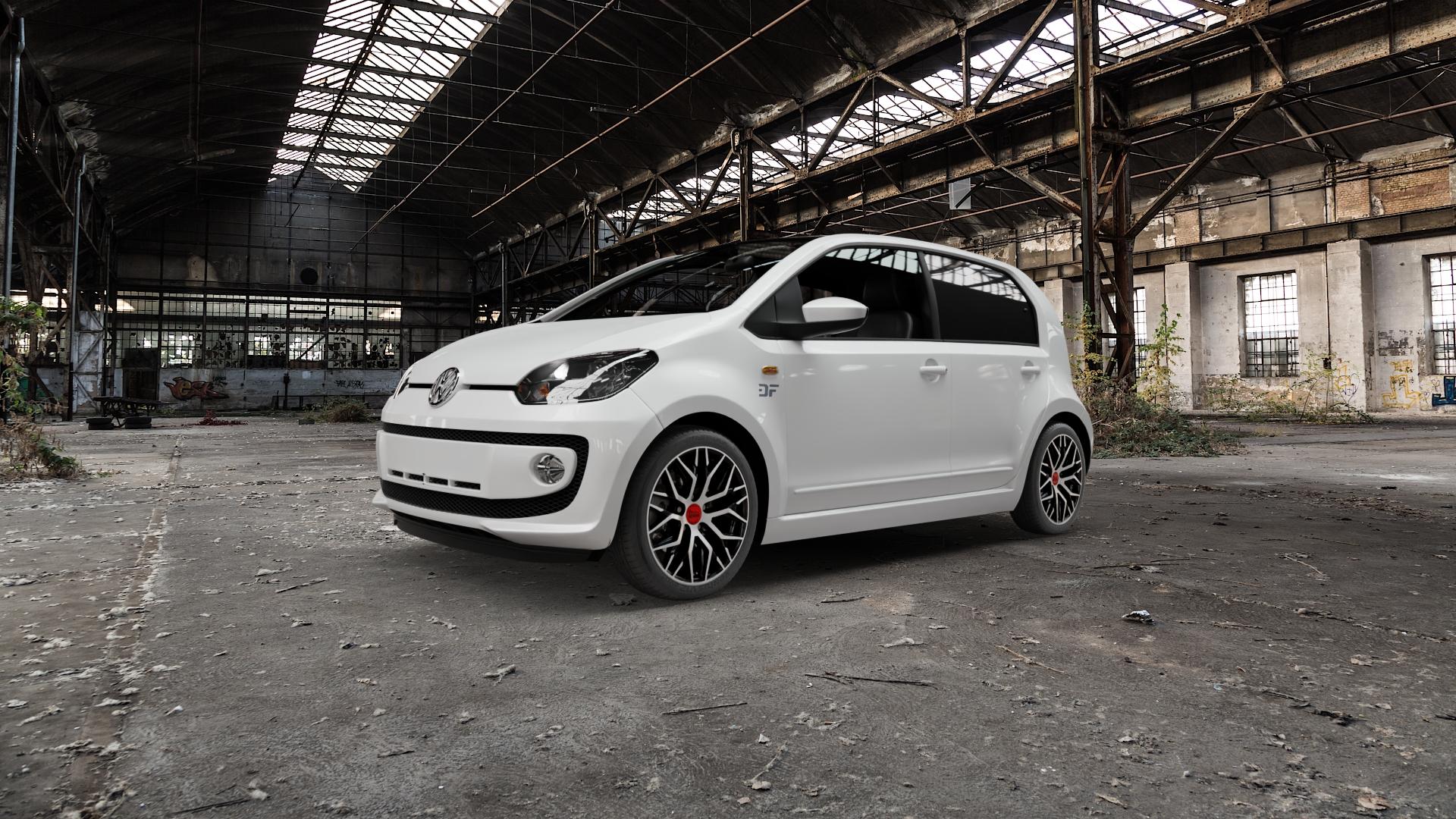 MAM RS4 BLACK FRONT POLISH Felge mit Reifen schwarz in 16Zoll Winterfelge Alufelge auf weissem Volkswagen (VW) UP ⬇️ mit 15mm Tieferlegung ⬇️ Old Industrial Hall_max5000mm_2022 Frontansicht_1