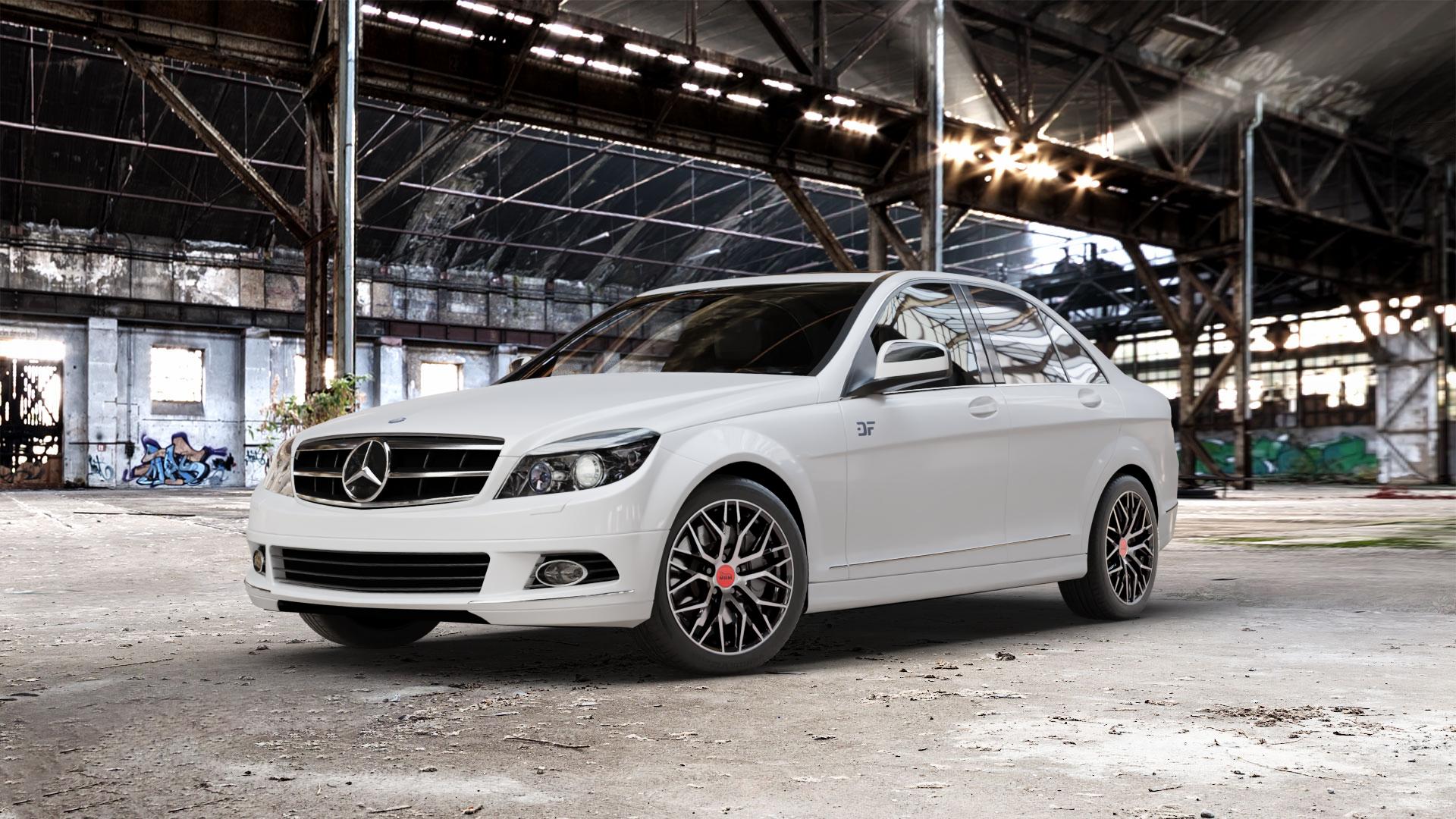 MAM RS4 BLACK FRONT POLISH Felge mit Reifen schwarz in 17Zoll Winterfelge Alufelge auf weissem Mercedes C-Klasse Typ W204 Limousine ⬇️ mit 15mm Tieferlegung ⬇️ Old Industrial Hall_max_5300mm_2024 Frontansicht_1