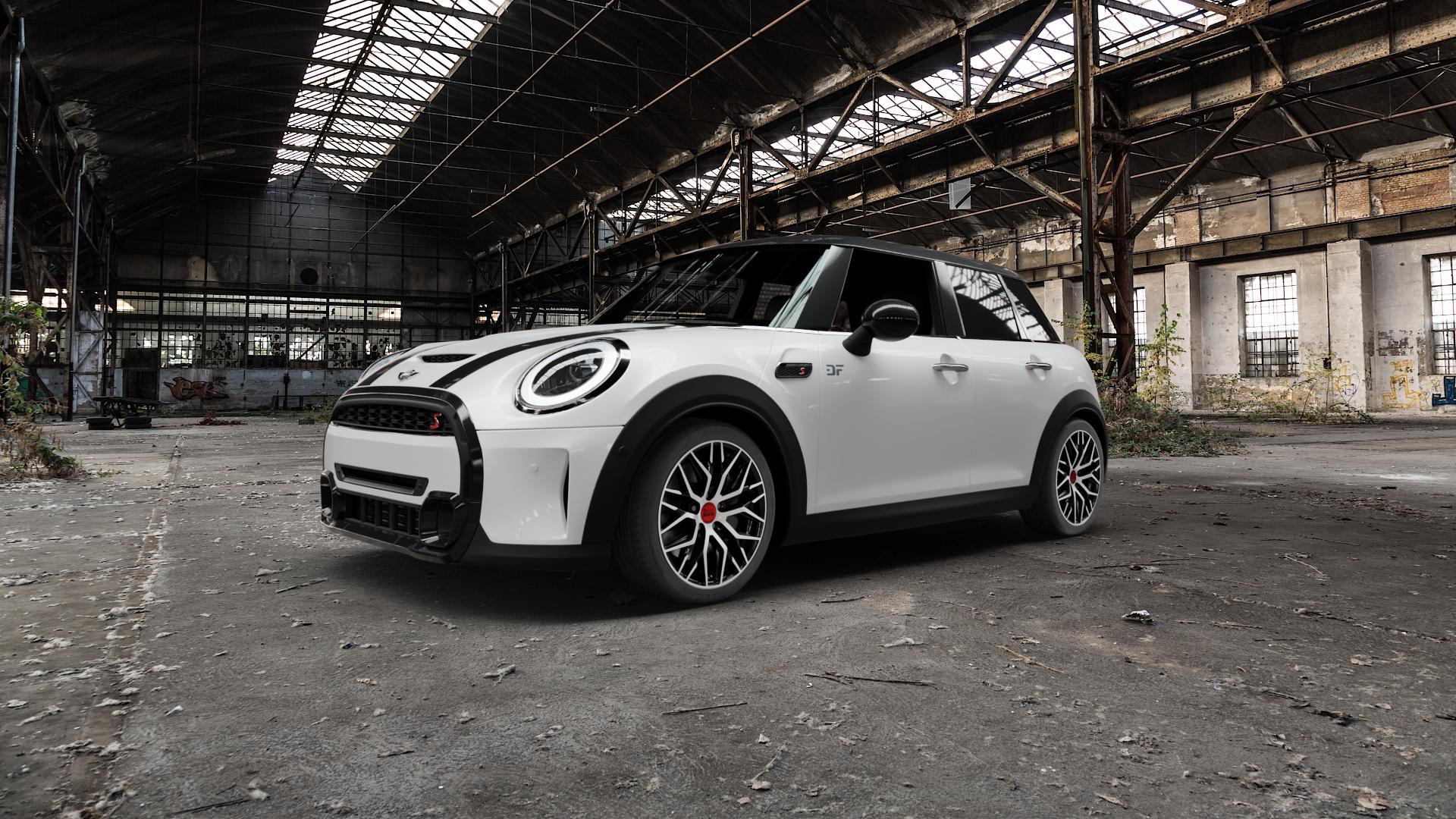 MAM RS4 BLACK FRONT POLISH Felge mit Reifen schwarz in 17Zoll Winterfelge Alufelge auf weissem Mini F55 Typ FML4 (5-Türer Limousine) Facelift 21-> ⬇️ mit 15mm Tieferlegung ⬇️ Old Industrial Hall_max5000mm_2022 Frontansicht_1