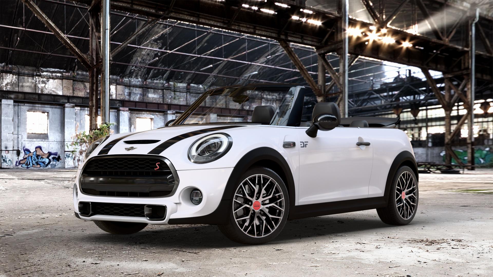 MAM RS4 BLACK FRONT POLISH Felge mit Reifen schwarz in 17Zoll Winterfelge Alufelge auf weissem Mini F57 Typ UKL-L (Cabriolet) 2,0l Cooper S 141kW (192 PS) SD 125kW (170 JCW 170kW (231 FMCA 155kW (211 120kW (163 Facelift ⬇️ mit 15mm Tieferlegung ⬇️ Old Industrial Hall_max_4400mm_2024 Frontansicht_1