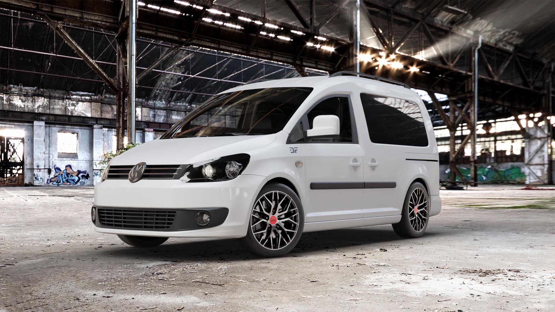 MAM RS4 BLACK FRONT POLISH Felge mit Reifen schwarz in 17Zoll Winterfelge Alufelge auf weissem Volkswagen (VW) Caddy 3 ⬇️ mit 15mm Tieferlegung ⬇️ Old Industrial Hall_max_5300mm_2024 Frontansicht_1