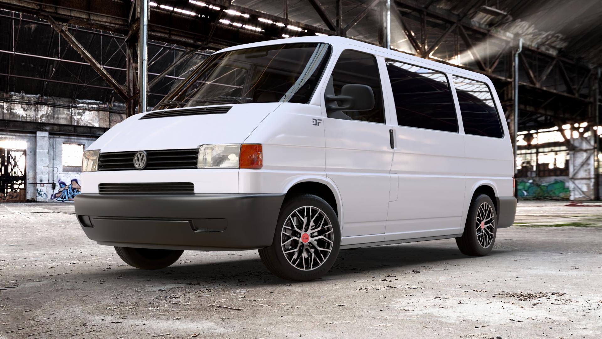 MAM RS4 BLACK FRONT POLISH Felge mit Reifen schwarz in 17Zoll Winterfelge Alufelge auf weissem Volkswagen (VW) T4 California Caravelle Kleinbus Multivan Krankenwagen ⬇️ mit 15mm Tieferlegung ⬇️ Old Industrial Hall_max_5300mm_2024 Frontansicht_1