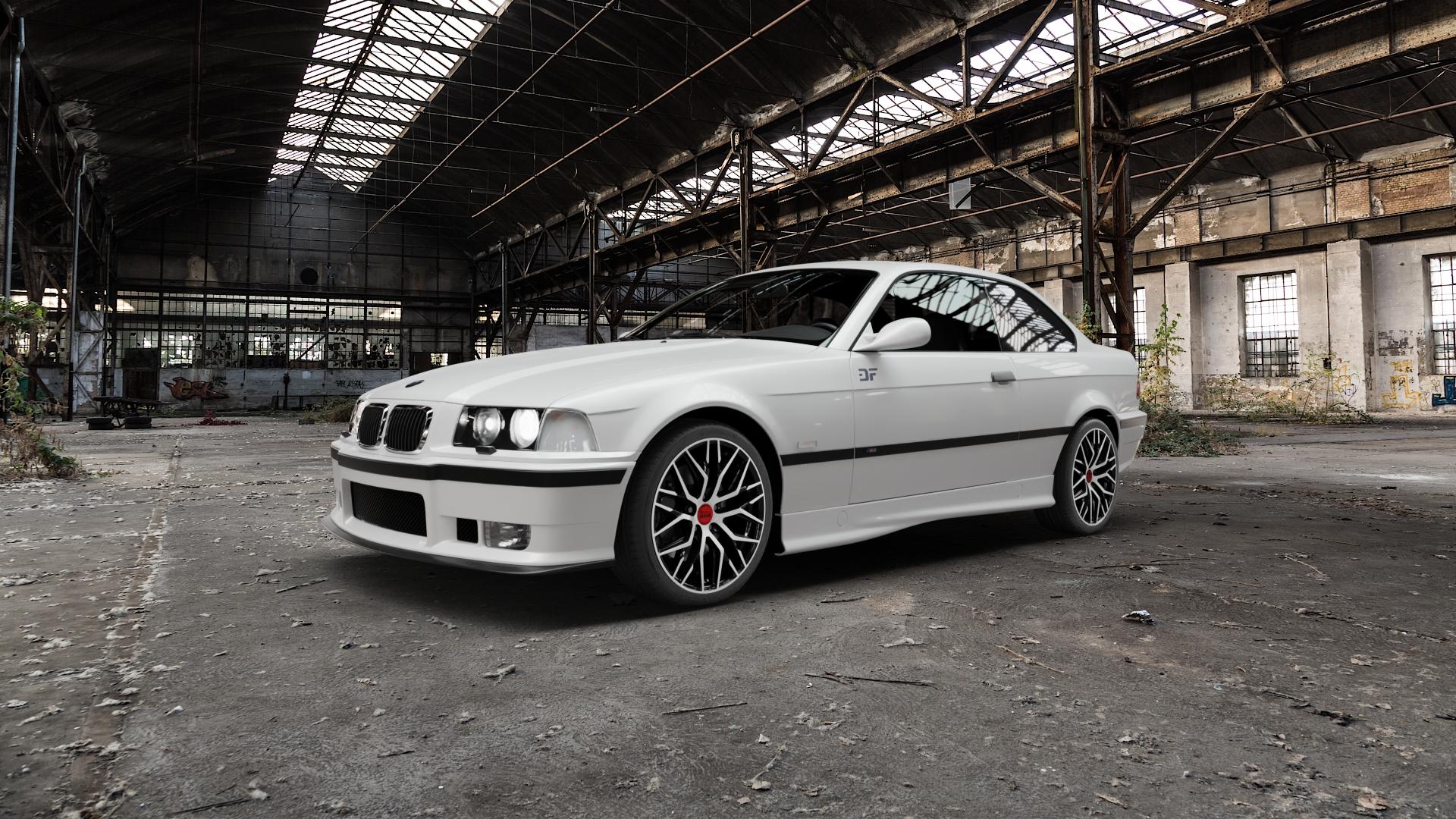 MAM RS4 BLACK FRONT POLISH Felge mit Reifen schwarz in 18Zoll Winterfelge Alufelge auf weissem BMW M3 Typ E36 (Coupé) ⬇️ mit 15mm Tieferlegung ⬇️ Old Industrial Hall_max5000mm_2022 Frontansicht_1