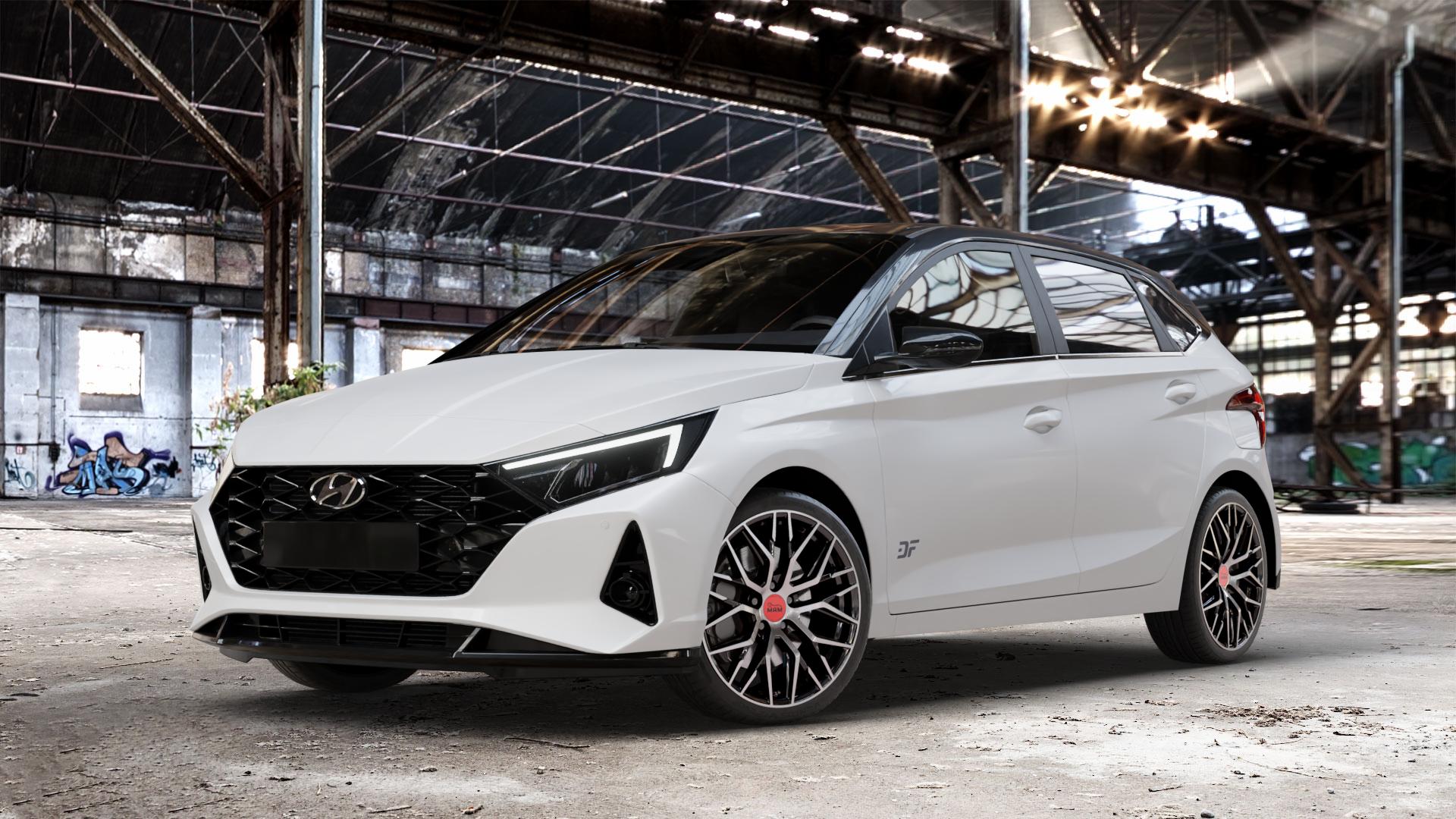MAM RS4 BLACK FRONT POLISH Felge mit Reifen schwarz in 18Zoll Winterfelge Alufelge auf weissem Hyundai i20 Typ BC3 ⬇️ mit 15mm Tieferlegung ⬇️ Old Industrial Hall_max_4400mm_2024 Frontansicht_1
