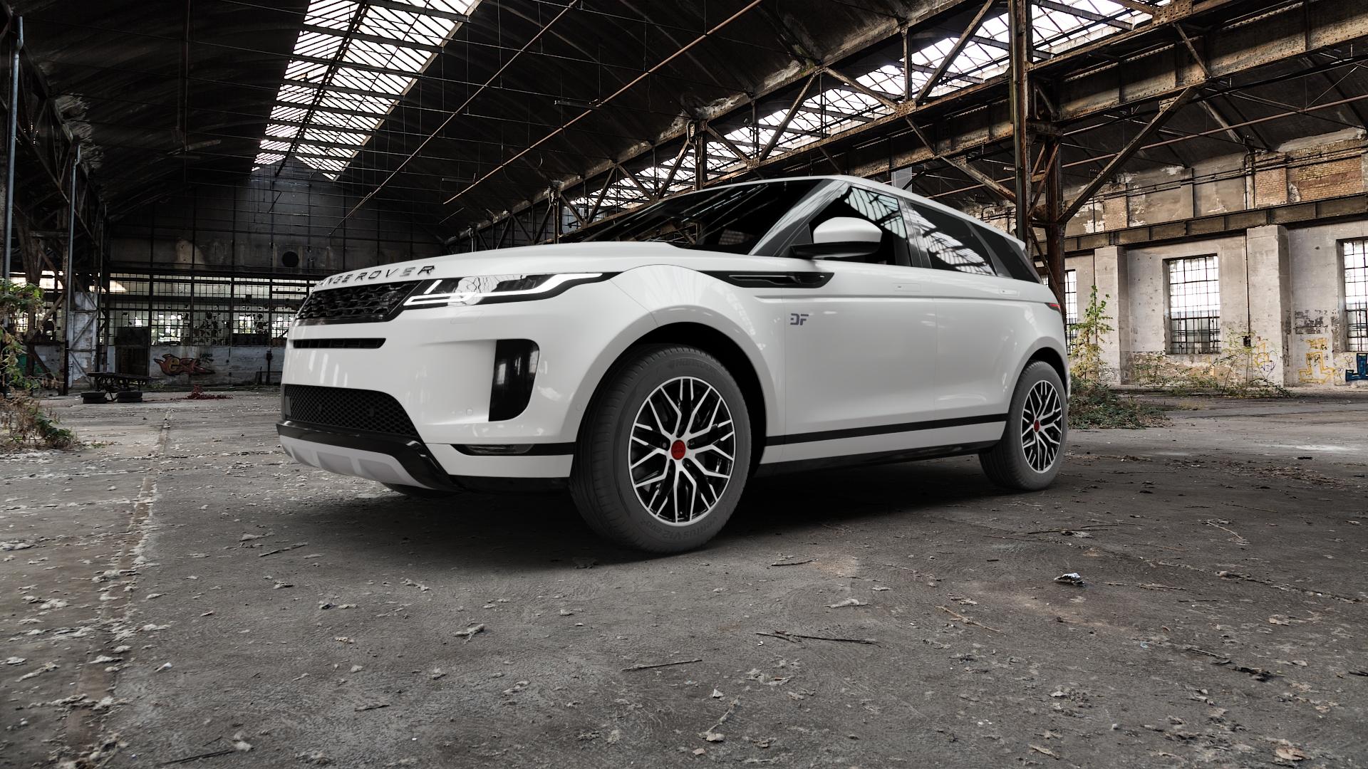 MAM RS4 BLACK FRONT POLISH Felge mit Reifen schwarz in 18Zoll Winterfelge Alufelge auf weissem Land Rover Range Evoque Typ LZ ⬇️ mit 15mm Tieferlegung ⬇️ Old Industrial Hall_max5000mm_2022 Frontansicht_1