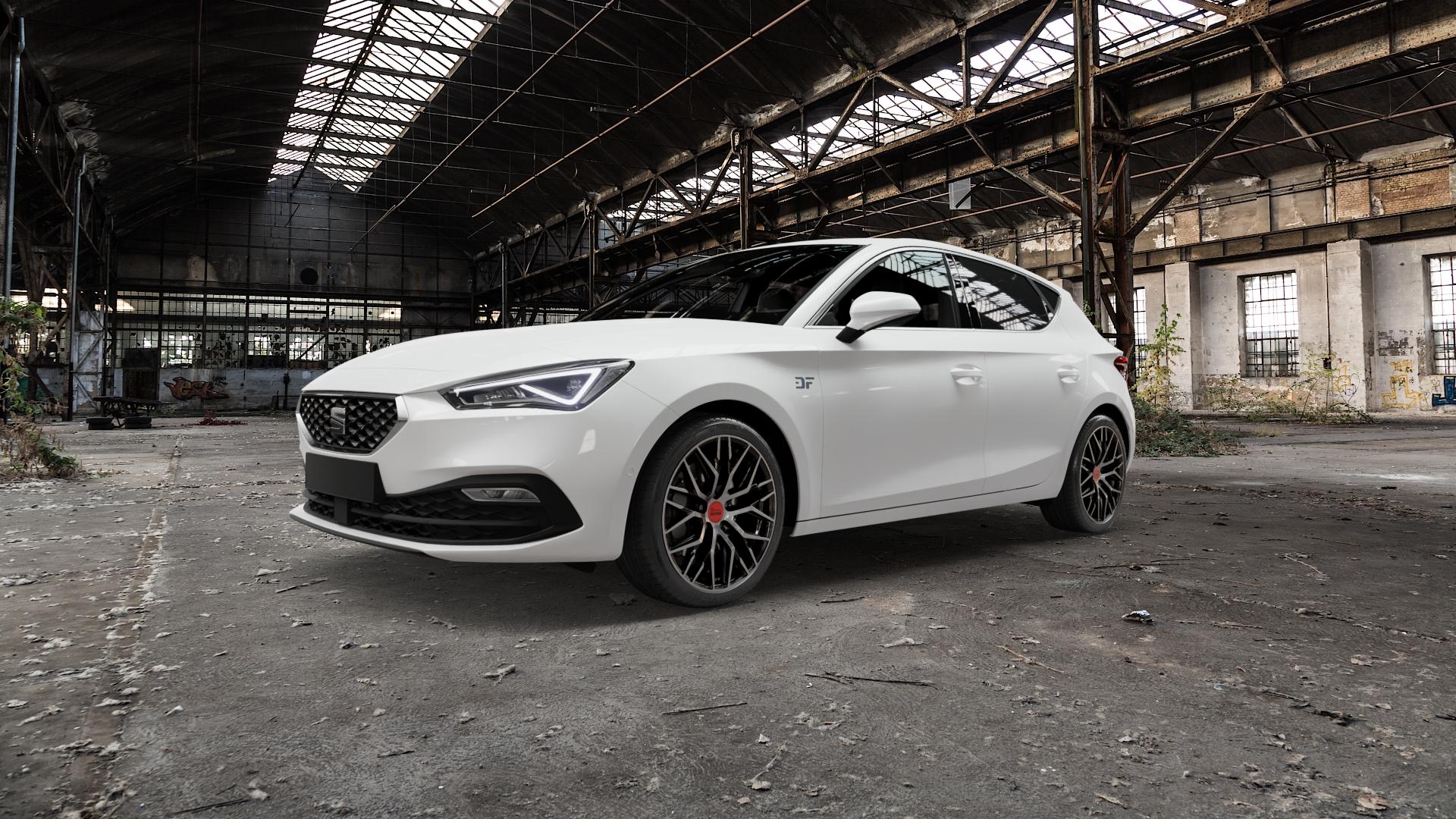 MAM RS4 BLACK FRONT POLISH Felge mit Reifen schwarz in 18Zoll Winterfelge Alufelge auf weissem Seat Leon Typ KL ⬇️ mit 15mm Tieferlegung ⬇️ Old Industrial Hall_max5000mm_2022 Frontansicht_1