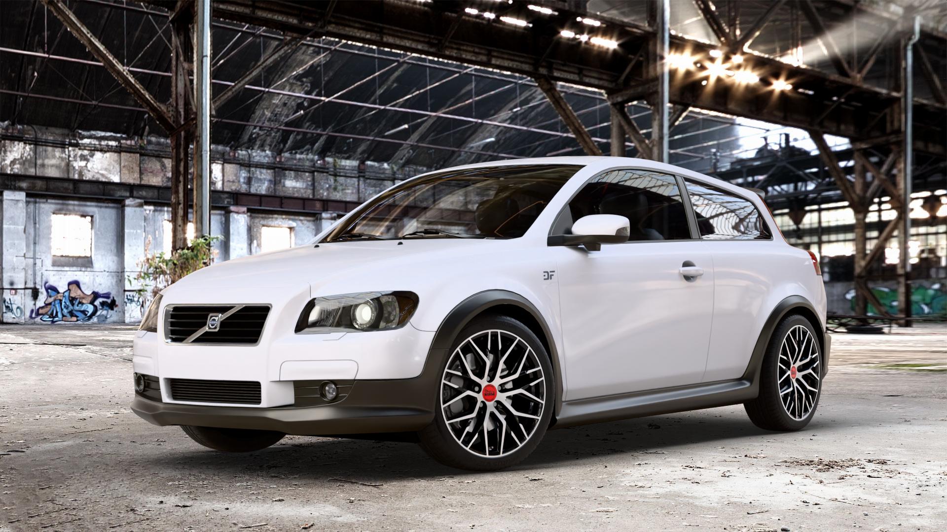 MAM RS4 BLACK FRONT POLISH Felge mit Reifen schwarz in 18Zoll Winterfelge Alufelge auf weissem Volvo C30 ⬇️ mit 15mm Tieferlegung ⬇️ Old Industrial Hall_max_4400mm_2024 Frontansicht_1