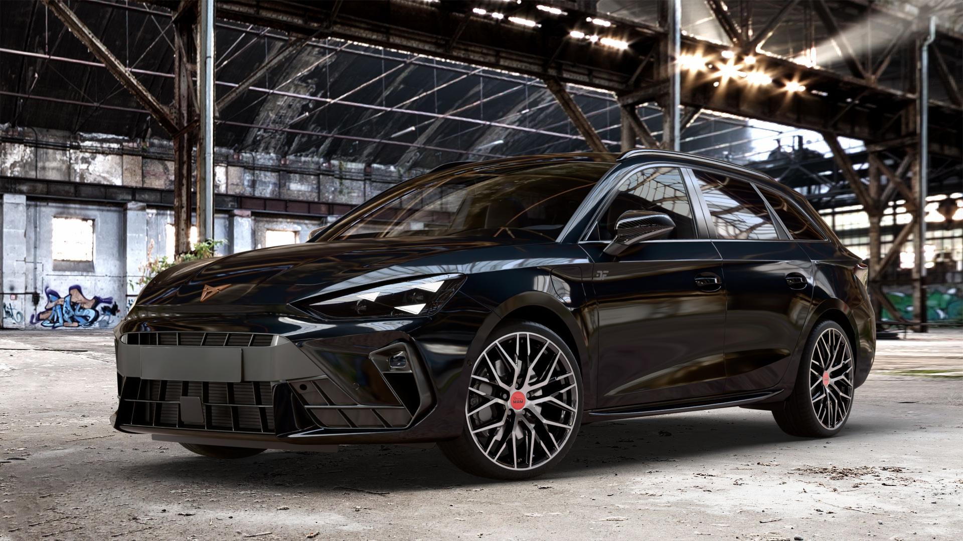 MAM RS4 BLACK FRONT POLISH Felge mit Reifen schwarz in 19Zoll Winterfelge Alufelge auf metallic schwarzem Cupra Leon Typ KL ST Facelift ⬇️ mit 15mm Tieferlegung ⬇️ Old Industrial Hall_max_4400mm_2024 Frontansicht_1
