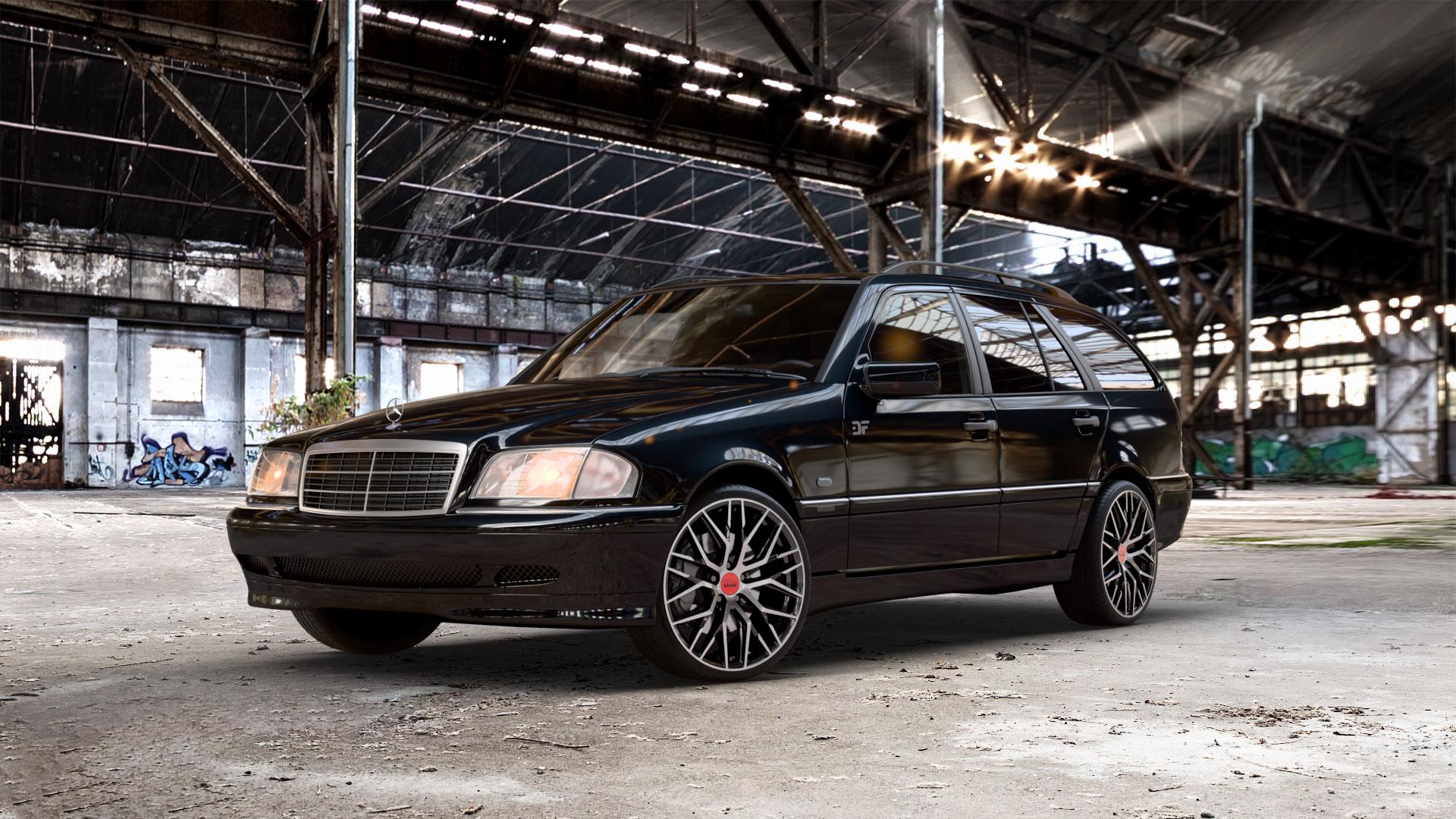 MAM RS4 BLACK FRONT POLISH Felge mit Reifen schwarz in 19Zoll Winterfelge Alufelge auf metallic schwarzem Mercedes C-Klasse Typ S202 Kombi ⬇️ mit 15mm Tieferlegung ⬇️ Old Industrial Hall_max_5300mm_2024 Frontansicht_1
