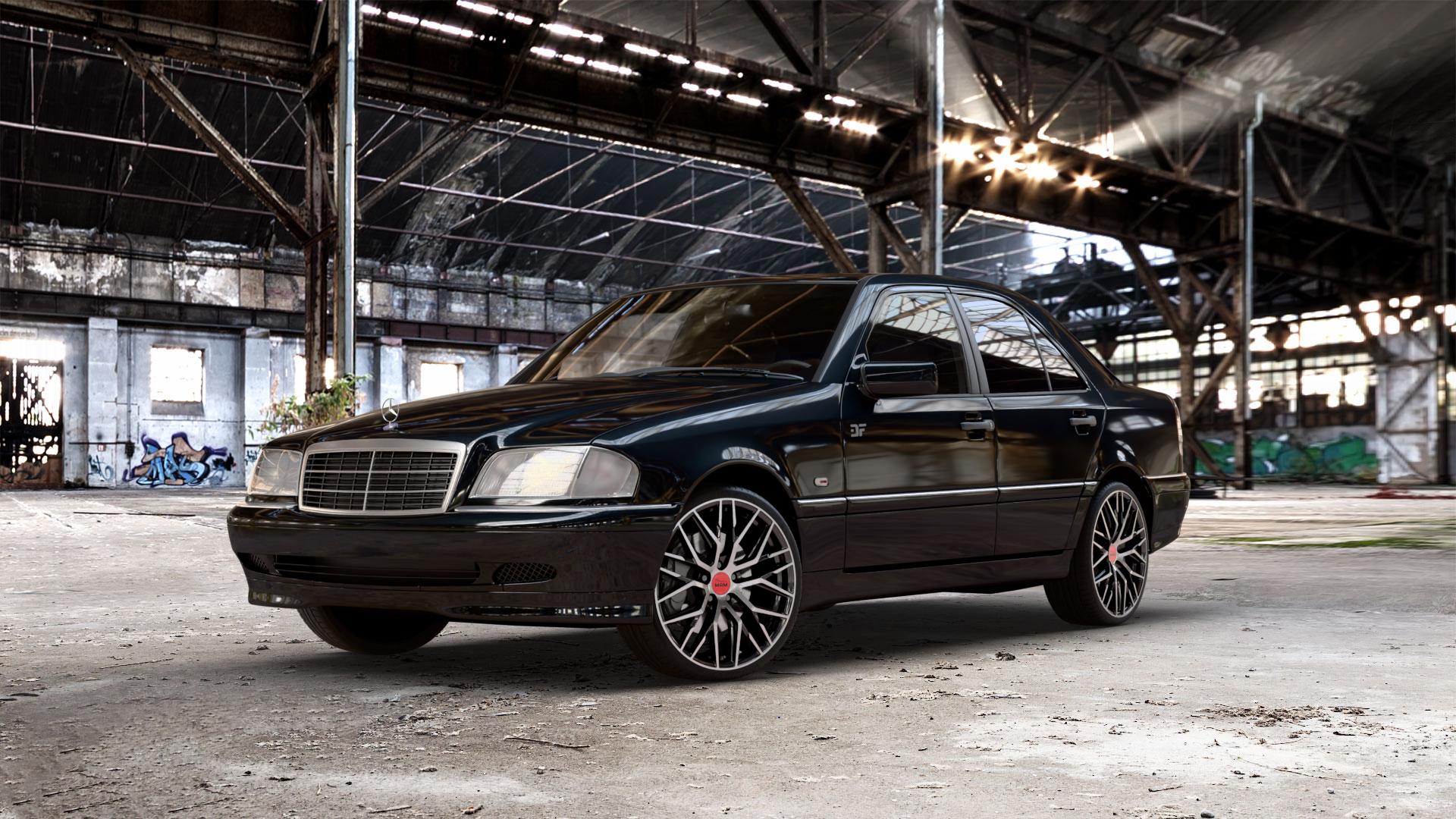 MAM RS4 BLACK FRONT POLISH Felge mit Reifen schwarz in 19Zoll Winterfelge Alufelge auf metallic schwarzem Mercedes C-Klasse Typ W202 Limousine ⬇️ mit 15mm Tieferlegung ⬇️ Old Industrial Hall_max_5300mm_2024 Frontansicht_1