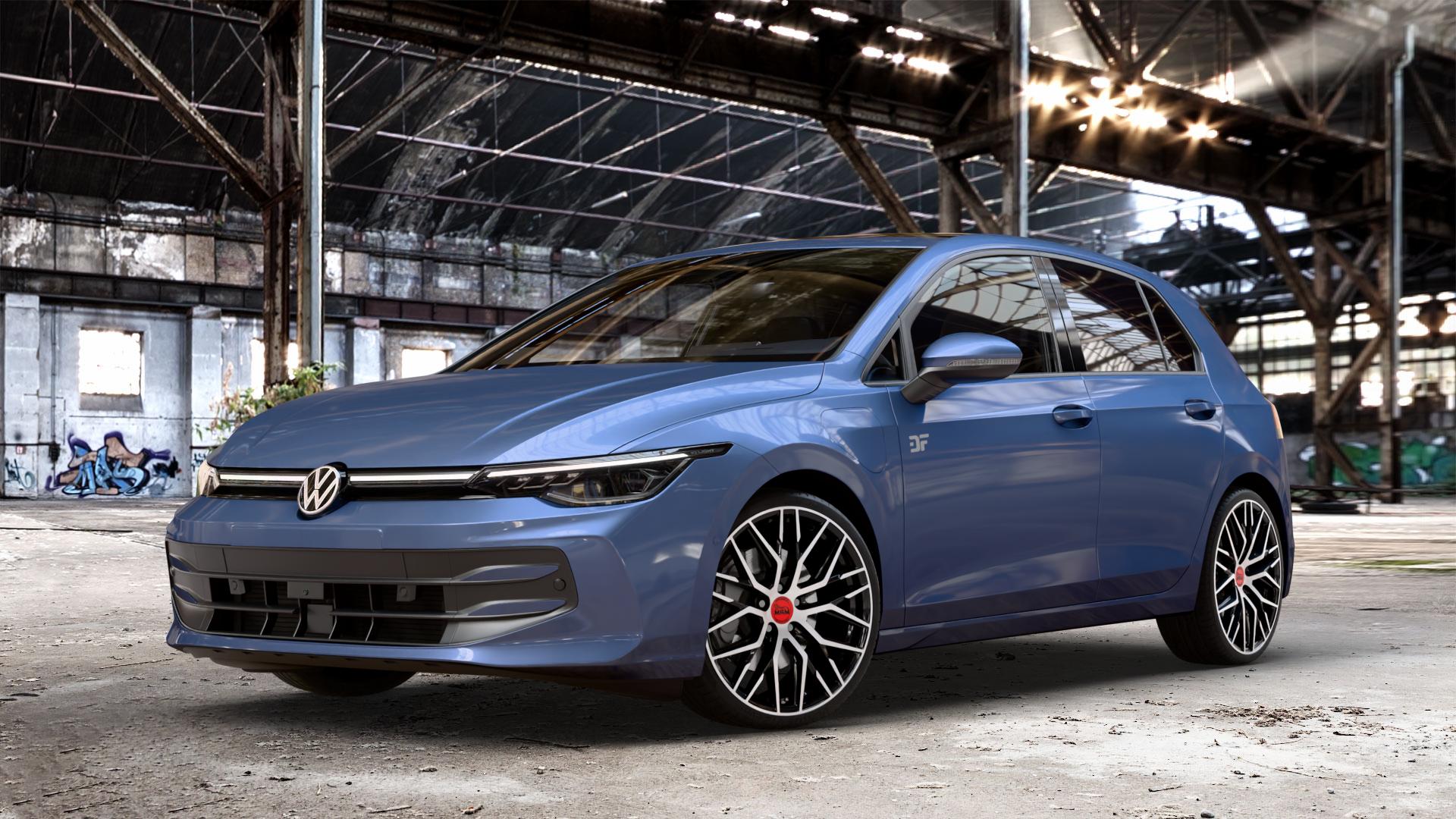 MAM RS4 BLACK FRONT POLISH Felge mit Reifen schwarz in 19Zoll Winterfelge Alufelge auf schwarzem Volkswagen (VW) Golf 8 Facelift ⬇️ mit 15mm Tieferlegung ⬇️ Old Industrial Hall_max_4400mm_2024 Frontansicht_1