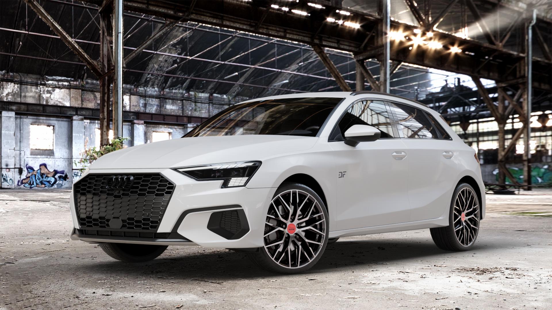 MAM RS4 BLACK FRONT POLISH Felge mit Reifen schwarz in 19Zoll Winterfelge Alufelge auf weissem Audi A3 Typ GY (Sportback) 2,0l 30 TDI 85kW (116 PS) 1,0l TFSI 81kW (110 35 110kW (150 1,5l Mild-Hybrid 40 quattro 147kW (200 1,4l TFSIe Hybrid g-tron 96kW (131 ⬇️ mit 15mm Tieferlegung ⬇️ Old Industrial Hall_max_4400mm_2024 Frontansicht_1