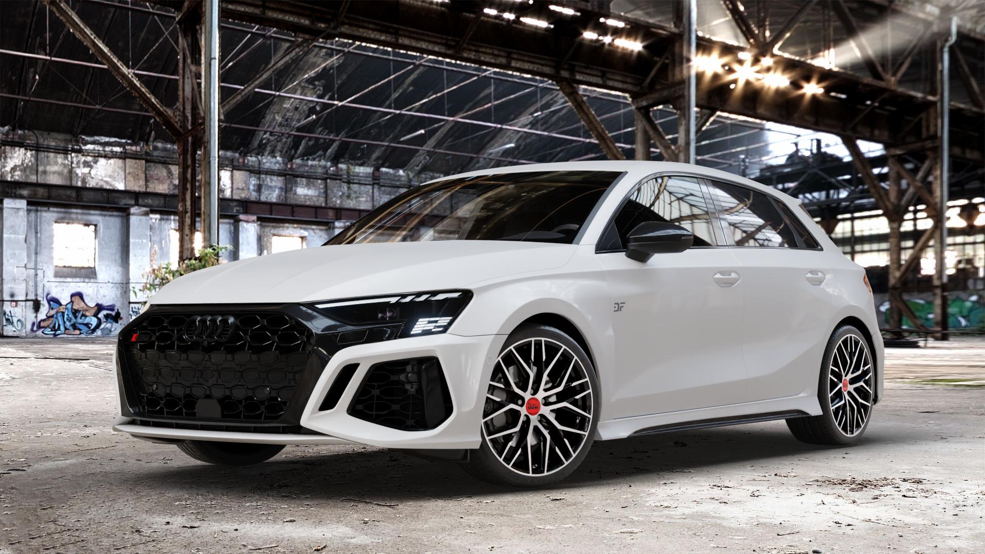 MAM RS4 BLACK FRONT POLISH Felge mit Reifen schwarz in 19Zoll Winterfelge Alufelge auf weissem Audi A3 Typ GY (Sportback) 2,5l TFSI quattro 294kW RS3 (400 PS) 299kW (407 ⬇️ mit 15mm Tieferlegung ⬇️ Old Industrial Hall_max_4400mm_2024 Frontansicht_1
