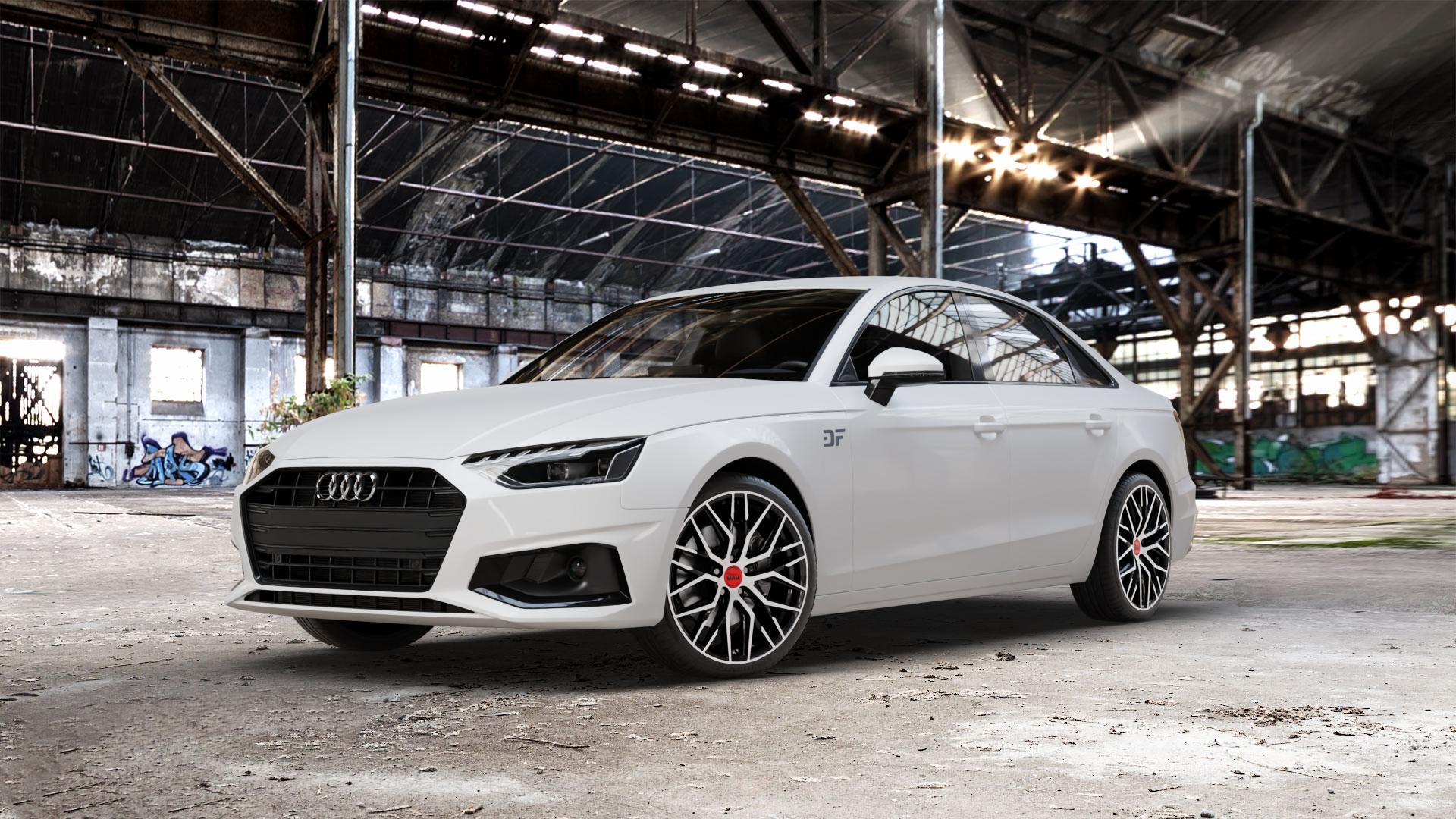 MAM RS4 BLACK FRONT POLISH Felge mit Reifen schwarz in 19Zoll Winterfelge Alufelge auf weissem Audi A4 Typ B9 (Limousine) Facelift ⬇️ mit 15mm Tieferlegung ⬇️ Old Industrial Hall_max_5300mm_2024 Frontansicht_1