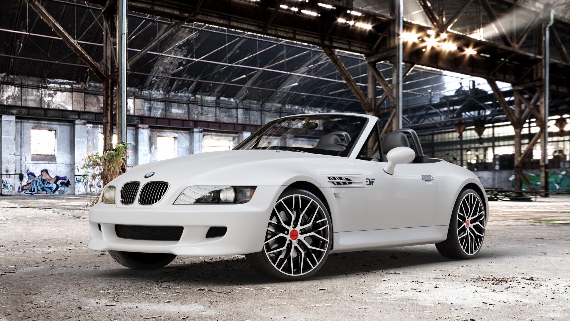 MAM RS4 BLACK FRONT POLISH Felge mit Reifen schwarz in 19Zoll Winterfelge Alufelge auf weissem BMW Z3 Roadster Typ E36/7(S) (R/C) ⬇️ mit 15mm Tieferlegung ⬇️ Old Industrial Hall_max_4400mm_2024 Frontansicht_1