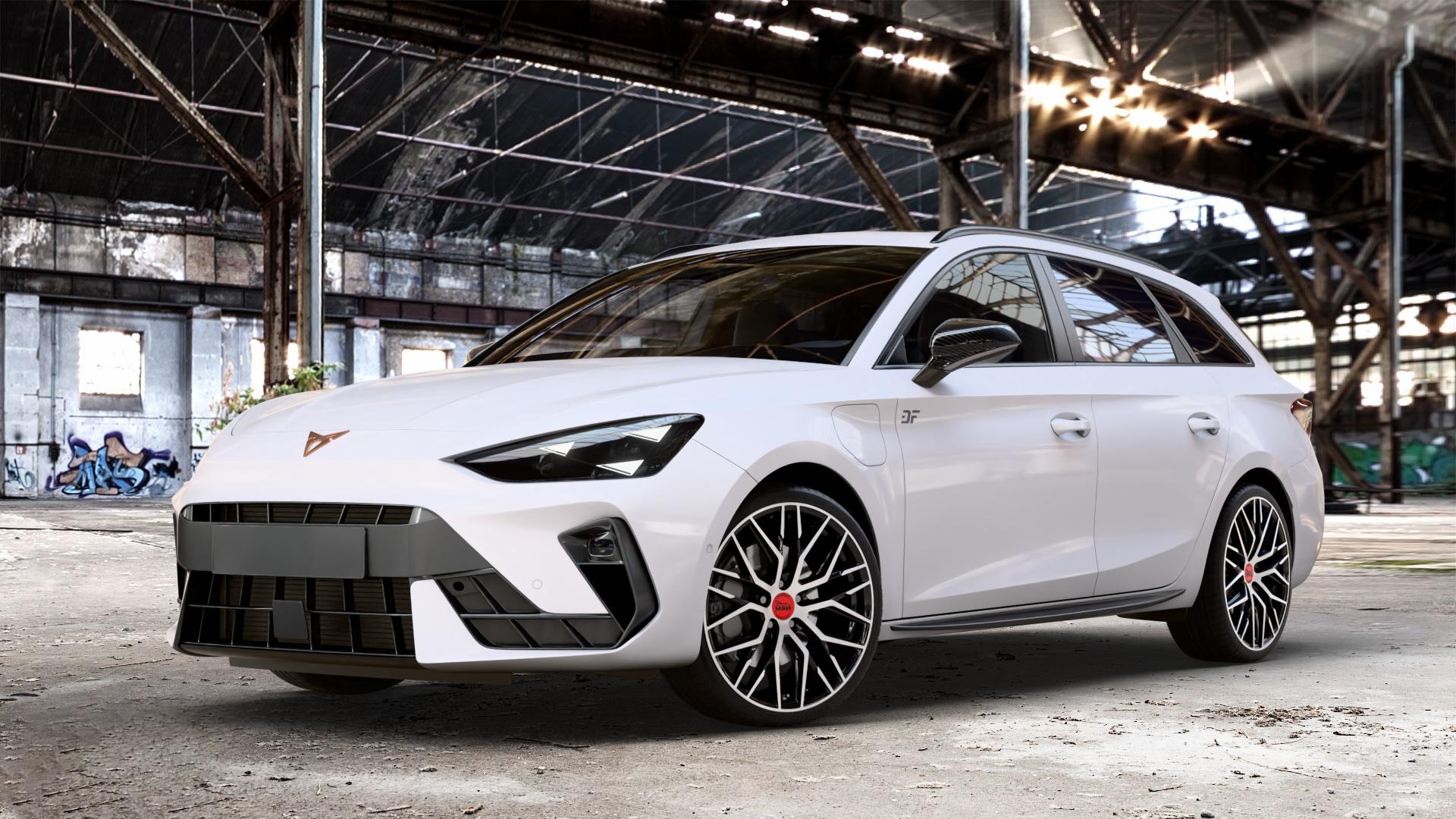 MAM RS4 BLACK FRONT POLISH Felge mit Reifen schwarz in 19Zoll Winterfelge Alufelge auf weissem Cupra Leon Typ KL ST Facelift ⬇️ mit 15mm Tieferlegung ⬇️ Old Industrial Hall_max_4400mm_2024 Frontansicht_1