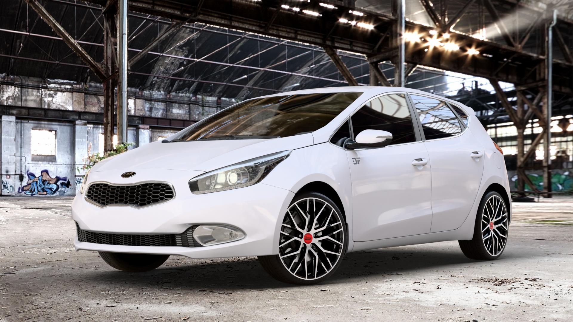 MAM RS4 BLACK FRONT POLISH Felge mit Reifen schwarz in 19Zoll Winterfelge Alufelge auf weissem Kia Cee d Schrägheck Typ JD Kombi Facelift ⬇️ mit 15mm Tieferlegung ⬇️ Old Industrial Hall_max_4400mm_2024 Frontansicht_1