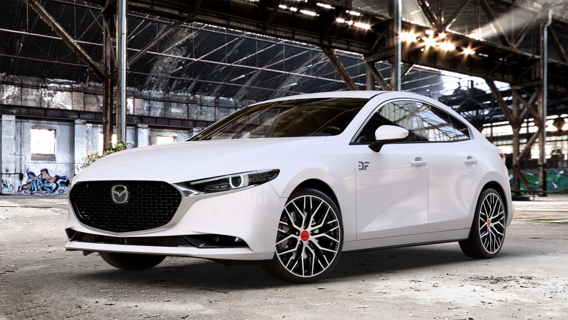 MAM RS4 BLACK FRONT POLISH Felge mit Reifen schwarz in 19Zoll Winterfelge Alufelge auf weissem Mazda 3 (19-) Limousine (BPE) (BP) ⬇️ mit 15mm Tieferlegung ⬇️ Old Industrial Hall_max_4400mm_2024 Frontansicht_1