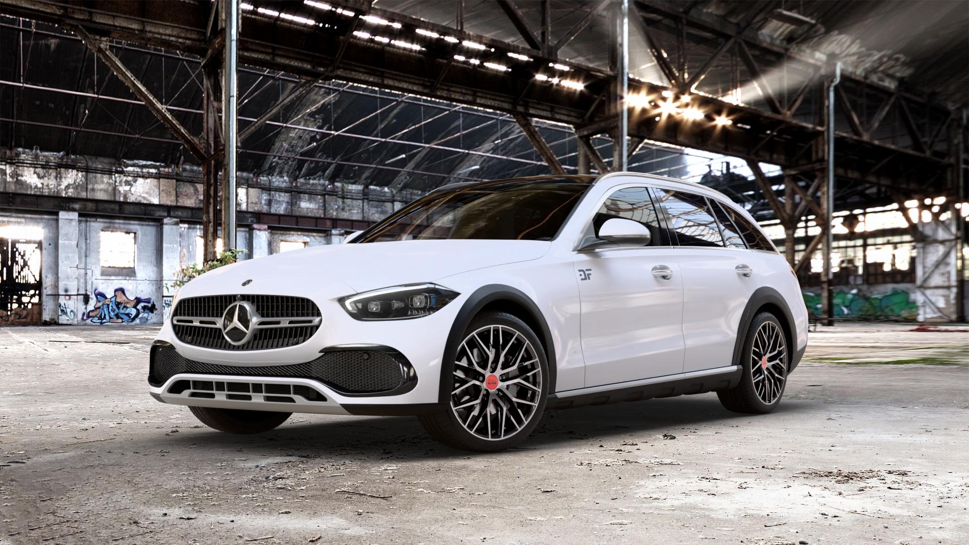 MAM RS4 BLACK FRONT POLISH Felge mit Reifen schwarz in 19Zoll Winterfelge Alufelge auf weissem Mercedes C-Klasse Typ S206 All-Terrain 1,5l C 200 4Matic 150kW Mild-Hybrid (204 PS) 2,0l 220d 145kW (197 ⬇️ mit 15mm Tieferlegung ⬇️ Old Industrial Hall_max_5300mm_2024 Frontansicht_1