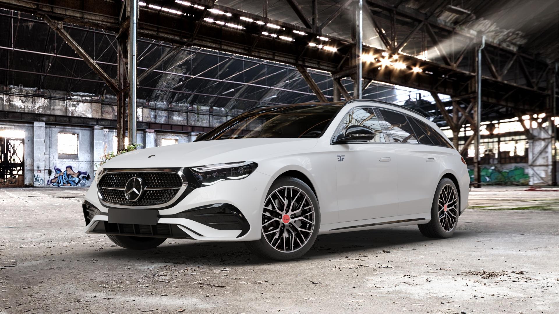 MAM RS4 BLACK FRONT POLISH Felge mit Reifen schwarz in 19Zoll Winterfelge Alufelge auf weissem Mercedes E-Klasse Typ S214 Kombi (R2ES) ⬇️ mit 15mm Tieferlegung ⬇️ Old Industrial Hall_max_5300mm_2024 Frontansicht_1