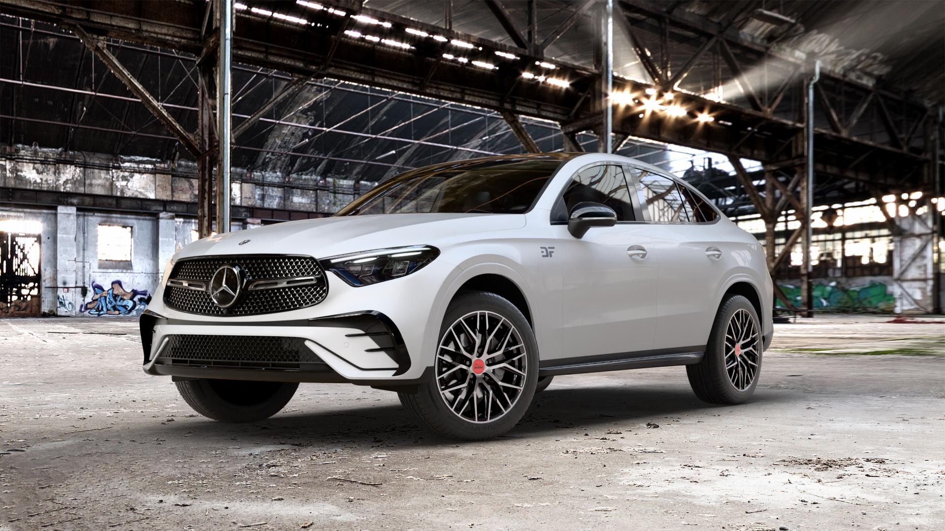 MAM RS4 BLACK FRONT POLISH Felge mit Reifen schwarz in 19Zoll Winterfelge Alufelge auf weissem Mercedes GLC-Klasse Coupe Typ C254 ⬇️ mit 15mm Tieferlegung ⬇️ Old Industrial Hall_max_5300mm_2024 Frontansicht_1