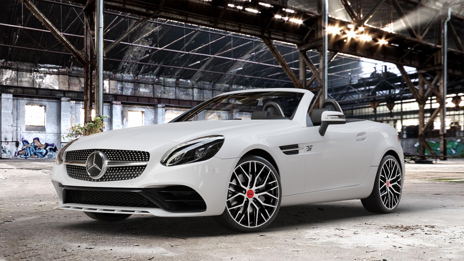 MAM RS4 BLACK FRONT POLISH Felge mit Reifen schwarz in 19Zoll Winterfelge Alufelge auf weissem Mercedes SLK Typ R172 ⬇️ mit 15mm Tieferlegung ⬇️ Old Industrial Hall_max_4400mm_2024 Frontansicht_1