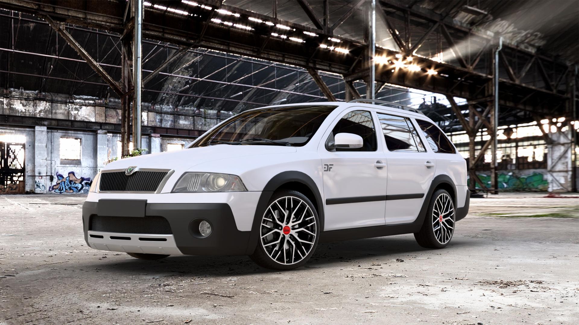 MAM RS4 BLACK FRONT POLISH Felge mit Reifen schwarz in 19Zoll Winterfelge Alufelge auf weissem Skoda Octavia II Scout Typ 1Z ⬇️ mit 15mm Tieferlegung ⬇️ Old Industrial Hall_max_5300mm_2024 Frontansicht_1