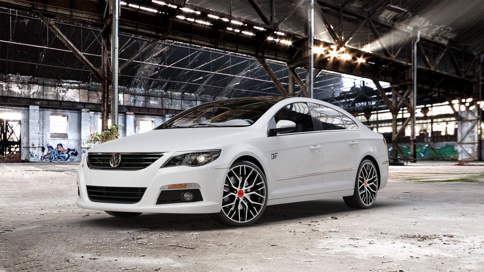 MAM RS4 BLACK FRONT POLISH Felge mit Reifen schwarz in 19Zoll Winterfelge Alufelge auf weissem Volkswagen (VW) CC I ⬇️ mit 15mm Tieferlegung ⬇️ Old Industrial Hall_max_5300mm_2024 Frontansicht_1