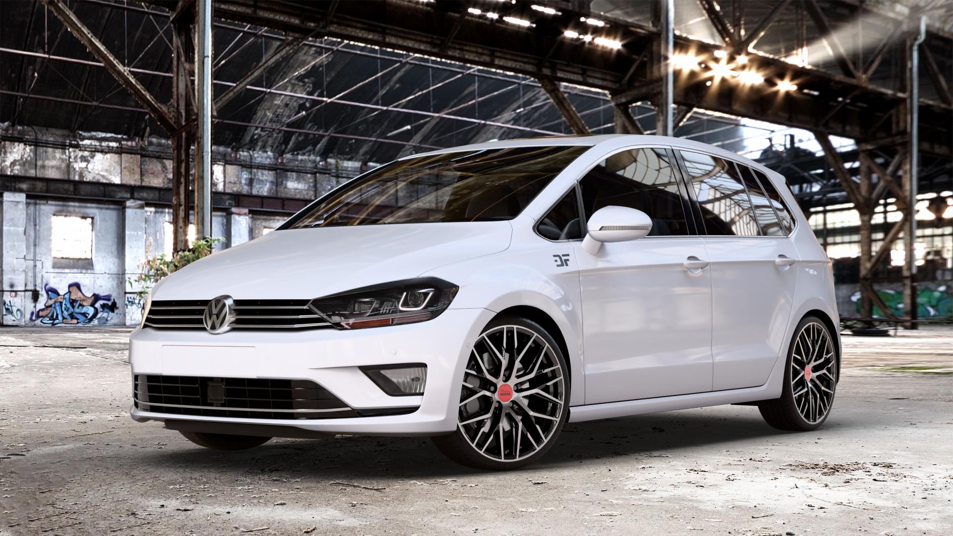 MAM RS4 BLACK FRONT POLISH Felge mit Reifen schwarz in 19Zoll Winterfelge Alufelge auf weissem Volkswagen (VW) Golf 7 Sportsvan Facelift ⬇️ mit 15mm Tieferlegung ⬇️ Old Industrial Hall_max_4400mm_2024 Frontansicht_1