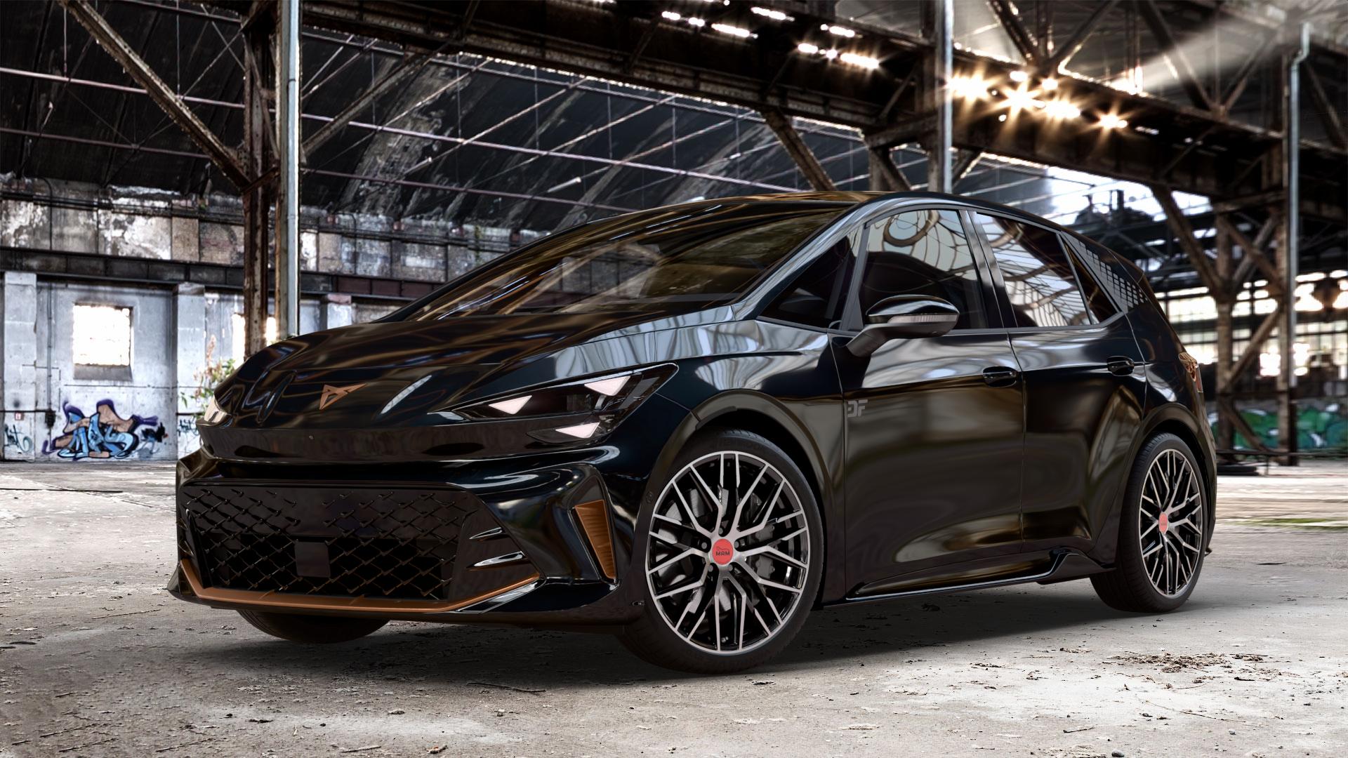 MAM RS4 BLACK FRONT POLISH Felge mit Reifen schwarz in 20Zoll Winterfelge Alufelge auf metallic schwarzem Cupra Born Facelift Typ K1 ⬇️ mit 15mm Tieferlegung ⬇️ Old Industrial Hall_max_4400mm_2024 Frontansicht_1