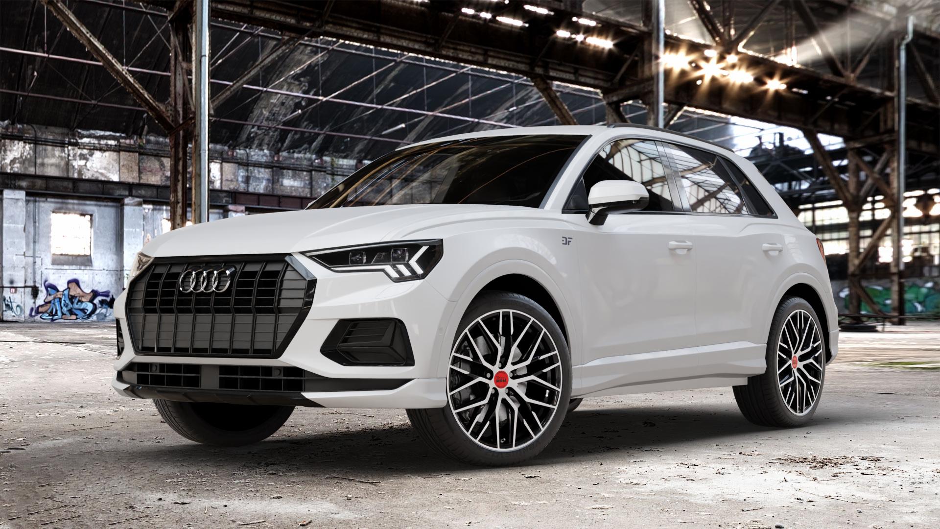 MAM RS4 BLACK FRONT POLISH Felge mit Reifen schwarz in 20Zoll Winterfelge Alufelge auf weissem Audi Q3 II Typ F3 ⬇️ mit 15mm Tieferlegung ⬇️ Old Industrial Hall_max_4400mm_2024 Frontansicht_1