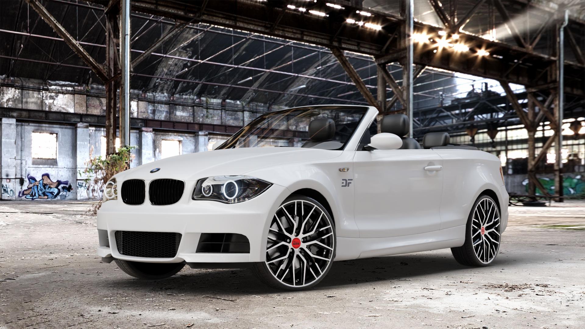MAM RS4 BLACK FRONT POLISH Felge mit Reifen schwarz in 20Zoll Winterfelge Alufelge auf weissem BMW 118i Typ E88 (Cabriolet) 120d 120i 125i 135i 123d 118d 1er Cabrio (182, 1C) ⬇️ mit 15mm Tieferlegung ⬇️ Old Industrial Hall_max_4400mm_2024 Frontansicht_1