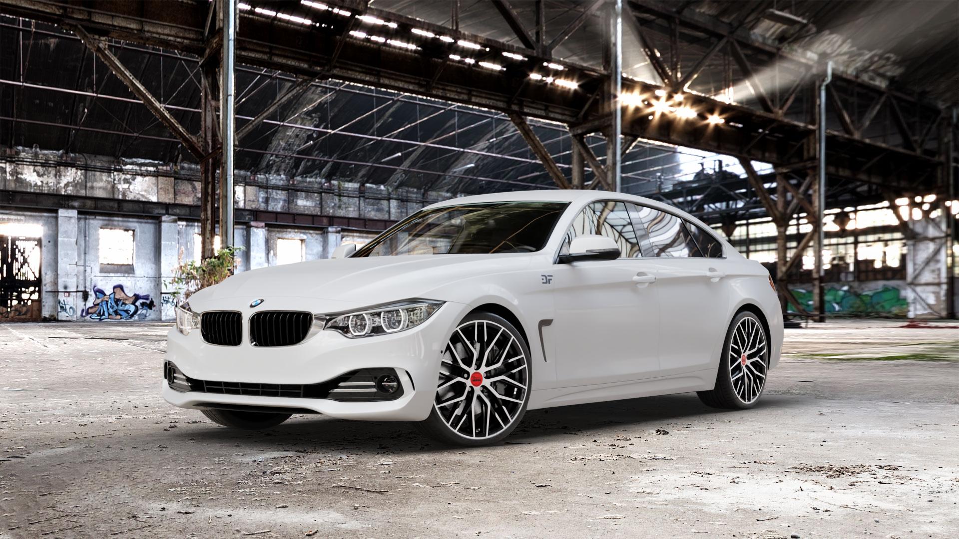 MAM RS4 BLACK FRONT POLISH Felge mit Reifen schwarz in 20Zoll Winterfelge Alufelge auf weissem BMW 418d Typ F36 (Gran Coupe) 420d xDrive 420i 428i 435i 430d 440i 418i 430i 425d 4er Gran Coupe (3C) ⬇️ mit 15mm Tieferlegung ⬇️ Old Industrial Hall_max_5300mm_2024 Frontansicht_1